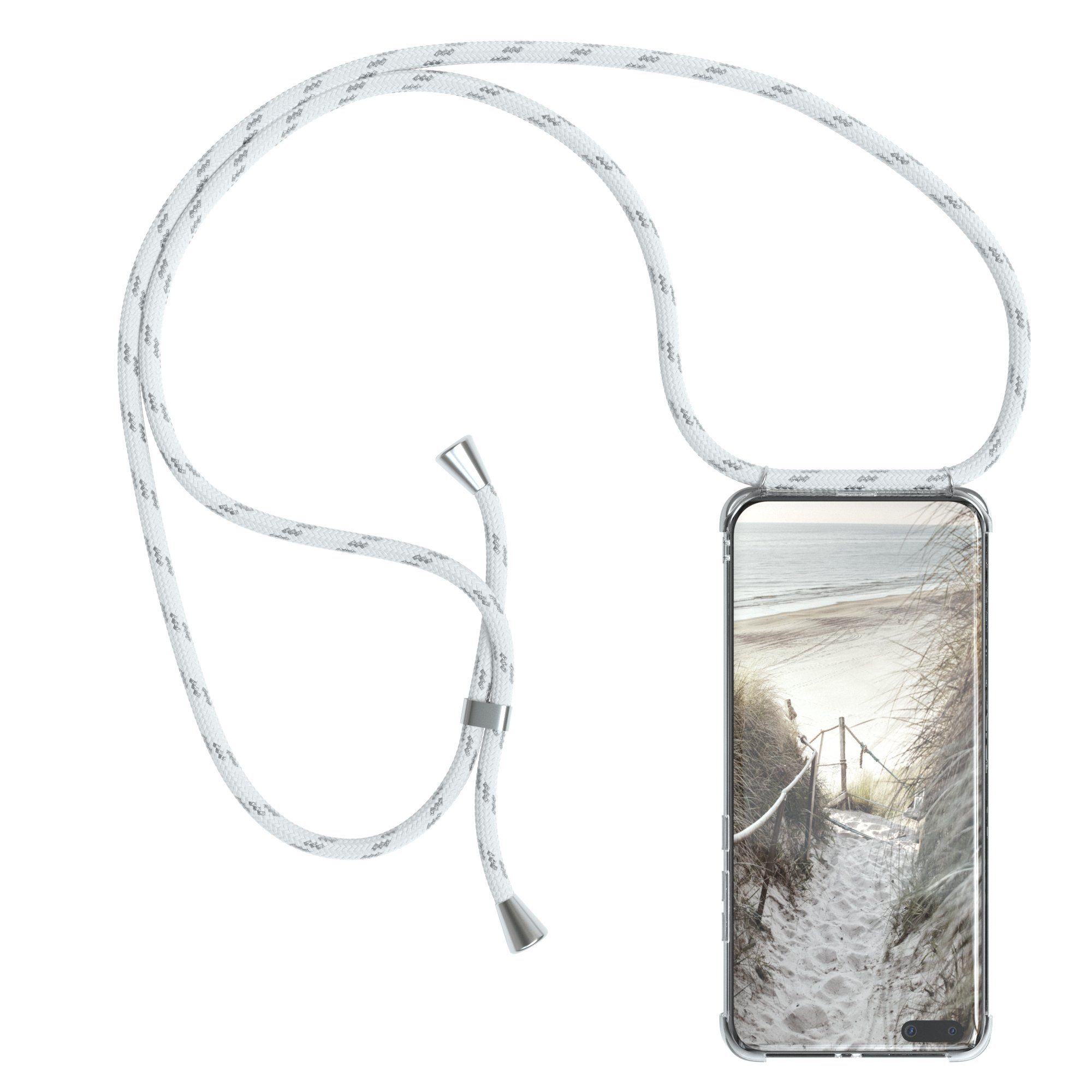 EAZY CASE Handykette Hülle mit Kette für Huawei P40 Pro Plus 6,58 Zoll, Hülle Smartphonekette für Unterwegs Festivalhülle Transparent Weiß