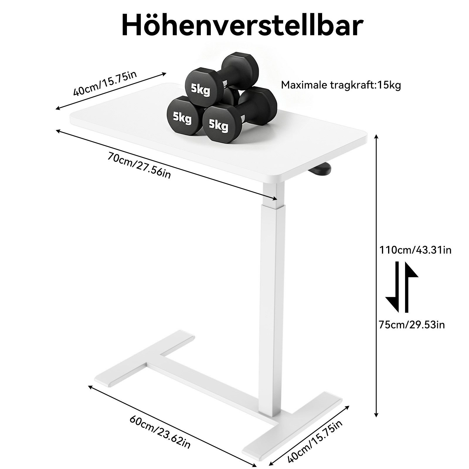 BlingBin Schreibtisch Höhenverstellbarer Beistelltisch mit 4 Laufrollen, 70 x 40 x 75-110cm (1er Set, 1-St., 40T x 70B x 75-110H cm), multifunktional als Laptop- und Stehpult für das Homeoffice