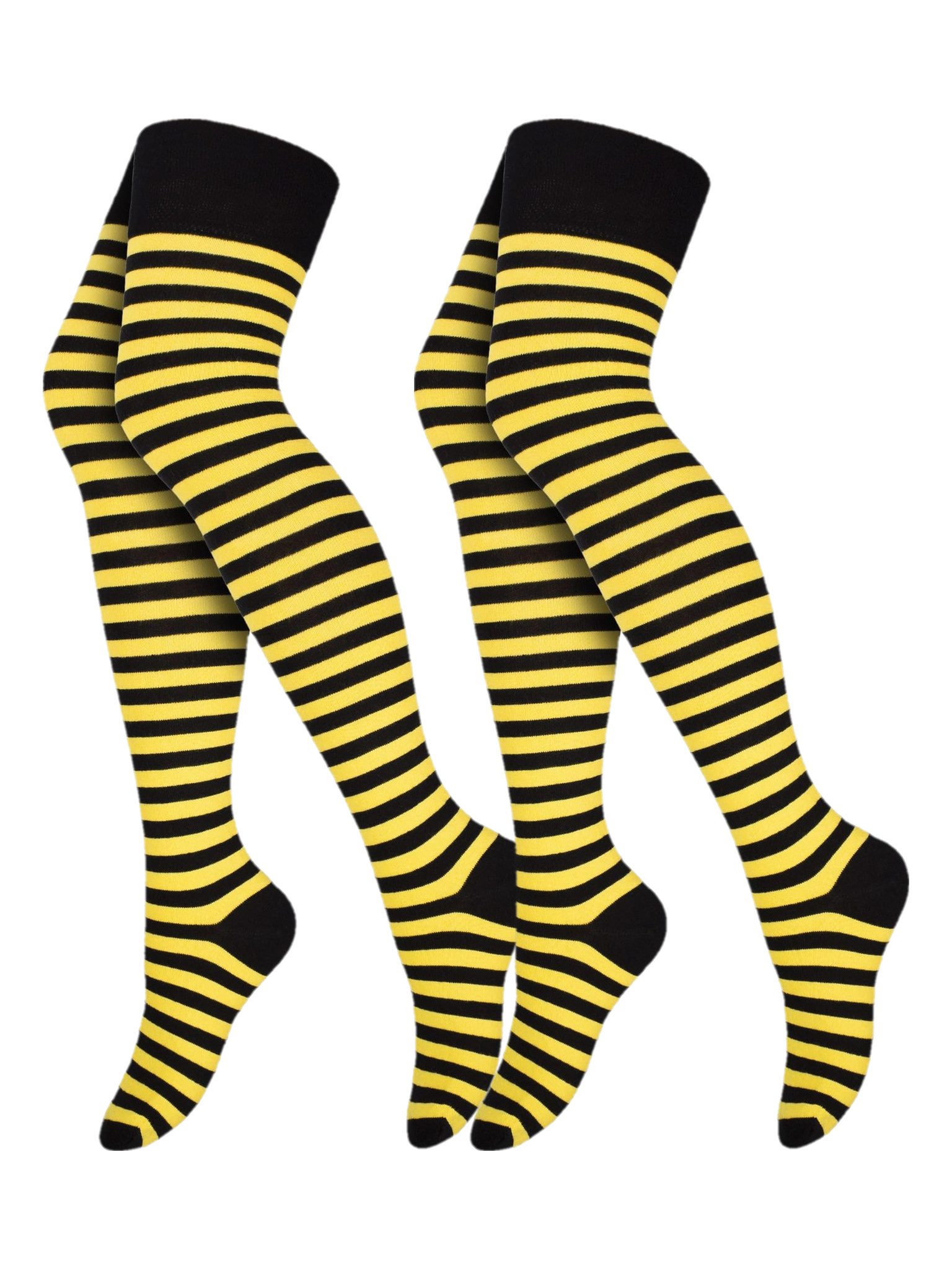Black Snake Overknees Lange Ringelsocken für Damen mit Baumwolle zu Kostüm Rock und Stiefeln (Socken-Set, 2-Paar, Schwarz/Gelb OneSize) Halloween Socken bis übers Knie mit Strickbund für Karneval und Winter