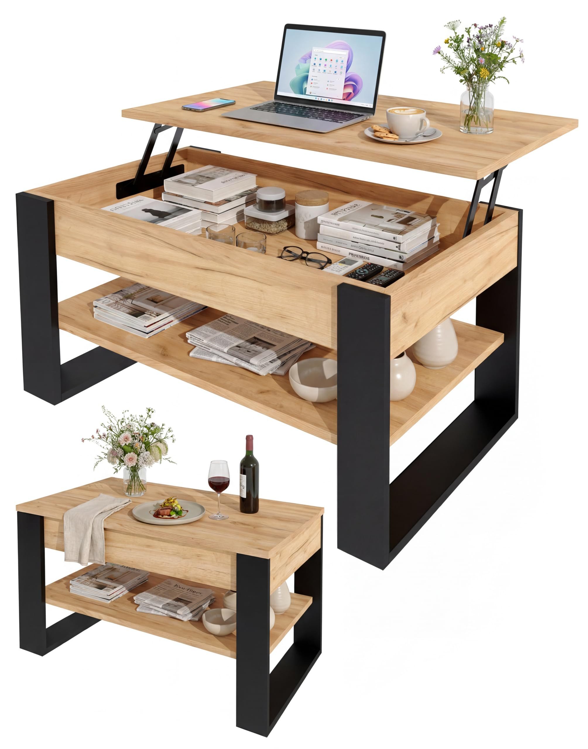 TREND WERK Couchtisch Lift-Couchtisch höhenverstellbar Sofatisch 92×54 cm mit Stauraum, verstecktem Fach Wohnzimmertisch Holz modern