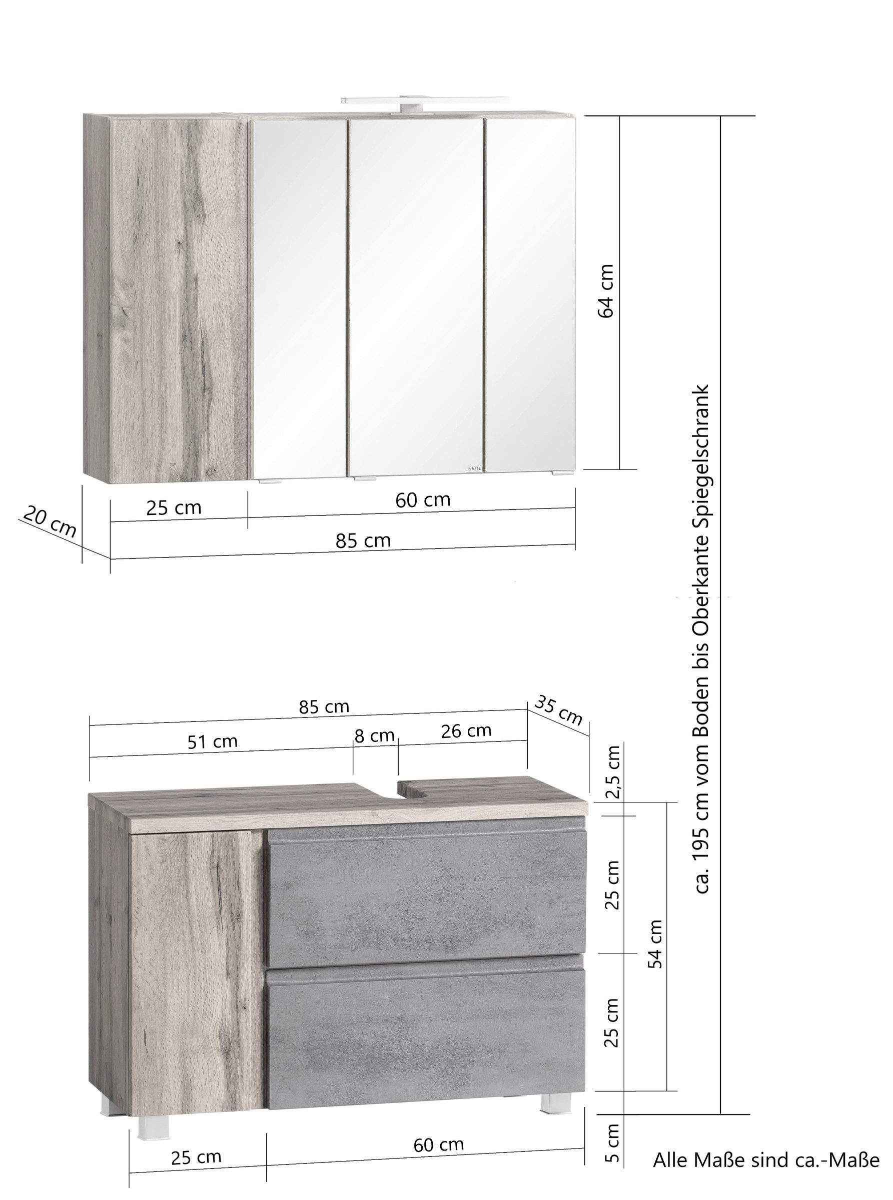 HELD MÖBEL Badmöbel-Set (2-tlg) in matt-weiß / Wotaneiche-Dekor, (2-tlg)