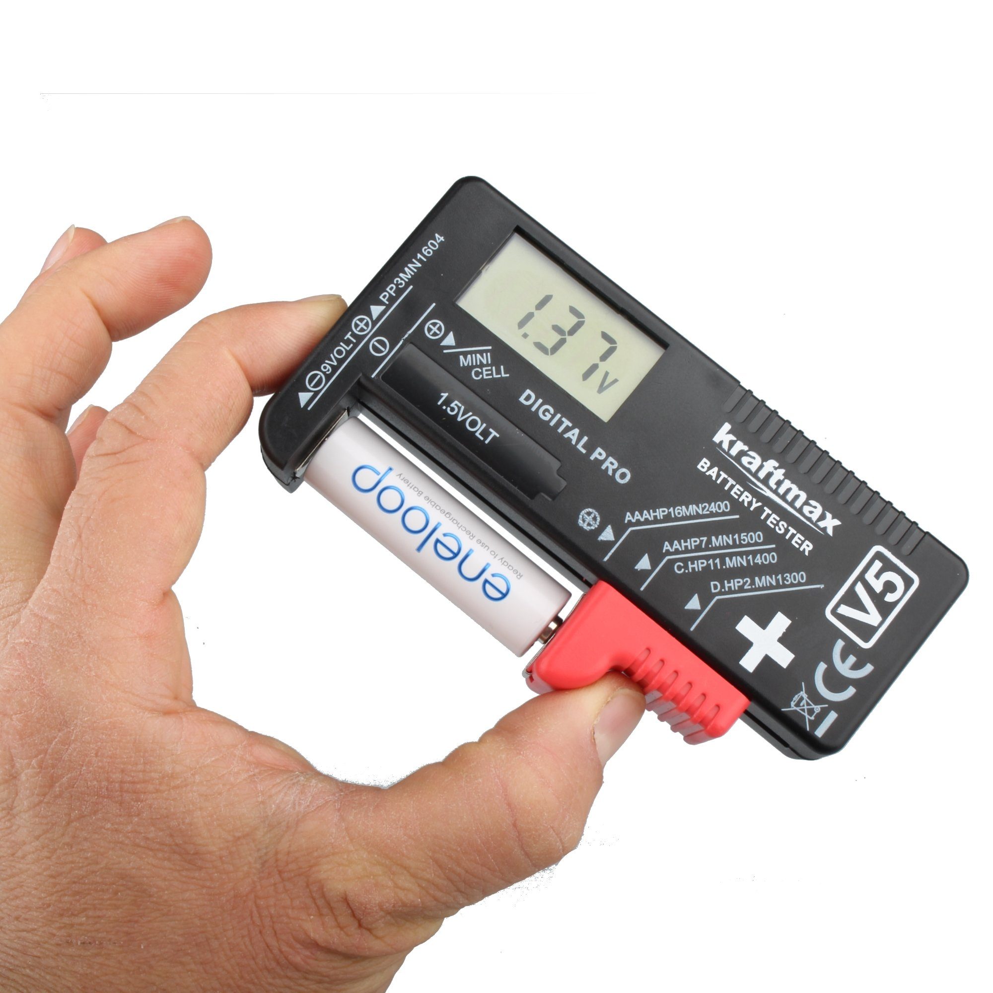 kraftmax Batterietester Batterietester V5 Akku Tester - AA/AAA/C/D/Micro/Mignon inkl. 9V Test, (1 St)