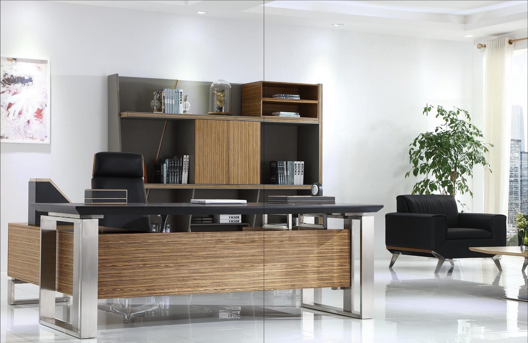 Xlmoebel Aktenschrank Leder-Sitzsessel Schwarz mit Holz- und Edelstahl-Details Made in Europa