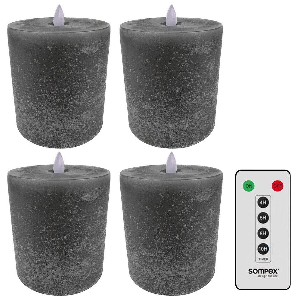 SOMPEX LED-Kerze 4er Set Flame LED Kerzen grau, Echtwachskerzen mit Fernbedienung (Set, 5-tlg., 4 Kerzen, Höhe 11cm, Durchmesser 10cm, 1 Fernbedienung), fernbedienbar, integrierter Timer, Echtwachs