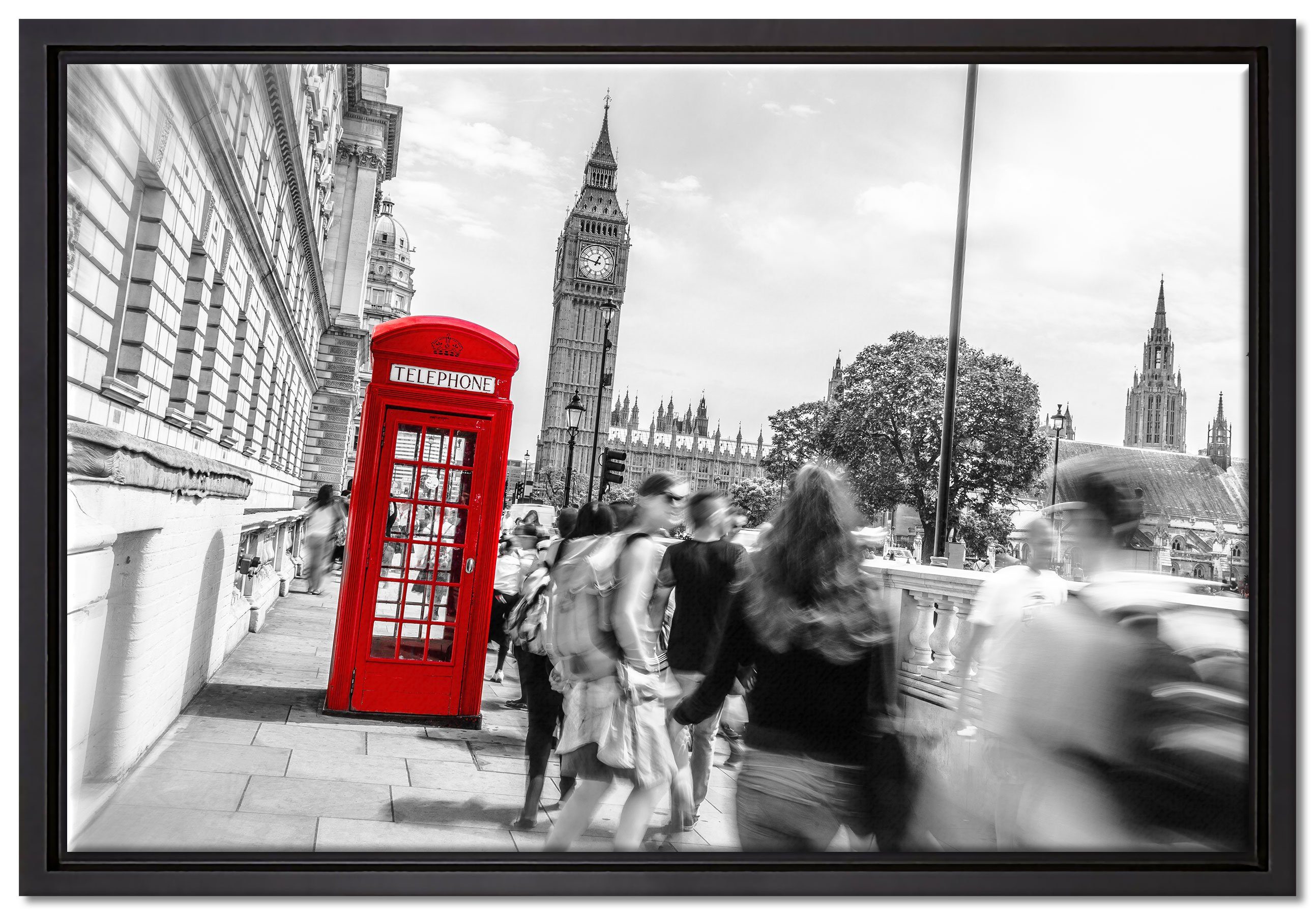 Pixxprint Leinwandbild Typische Telefonzelle in London, Wanddekoration (1 St), Leinwandbild fertig bespannt, in einem Schattenfugen-Bilderrahmen gefasst, inkl. Zackenaufhänger