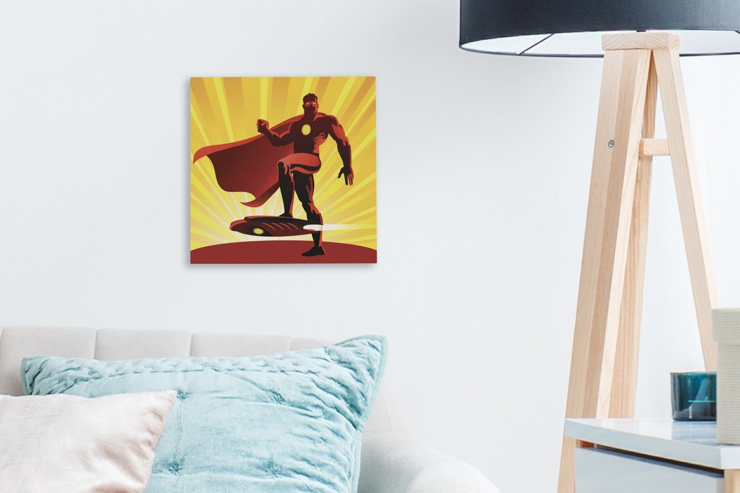 OneMillionCanvasses® Leinwandbild Eine roten - Wohnzimmer - St), Superhelden Leinwand Junge Illustration mit -, Augen Bilder Jungen für (1 eines Schlafzimmer