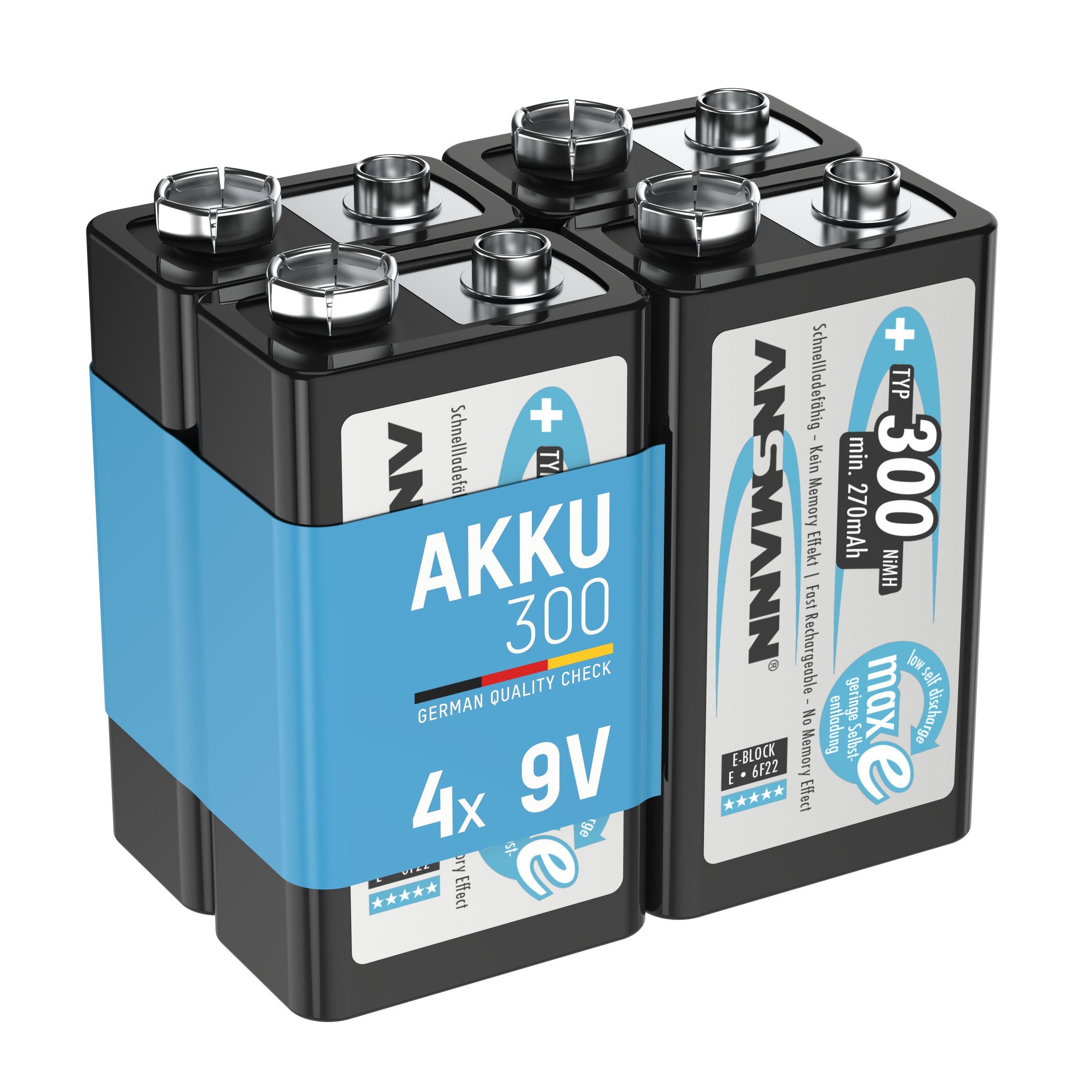 ANSMANN® Akku 9V 300mAh E-Block NiMH 1,2V – 1000x wiederaufladbar (4 Stück) Akku 300 mAh (8.4 V) | Akkus und PowerBanks
