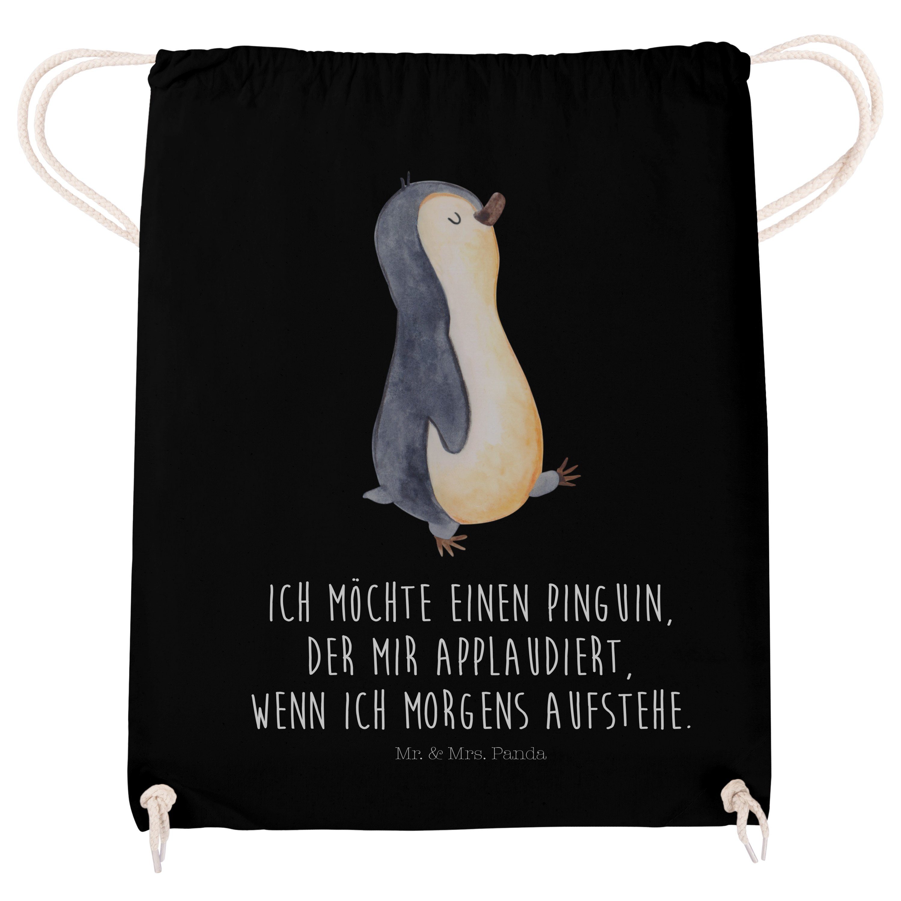 Mr. & Mrs. Panda Sporttasche Geschenk, Pinguin - marschierend Turnbeutel, (1-tlg) Schwarz Lan - zufrieden