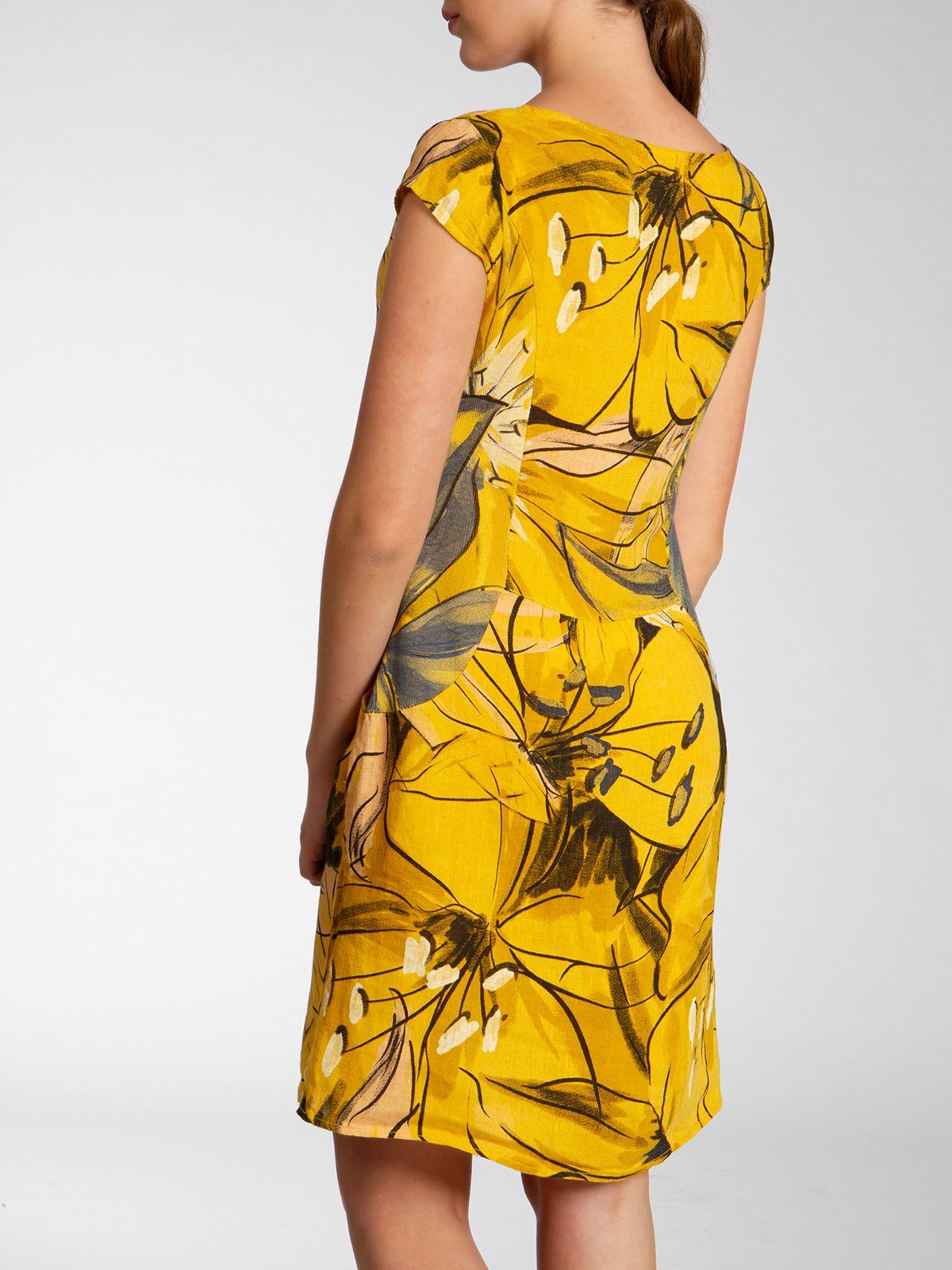 Caspar Sommerkleid SKL035 knielanges elegantes Damen Leinenkleid mit Blüten Print Luftig leicht, figurumspielende Form, mit seitlichem Jersey-Einsatz – Bild 4 von 5