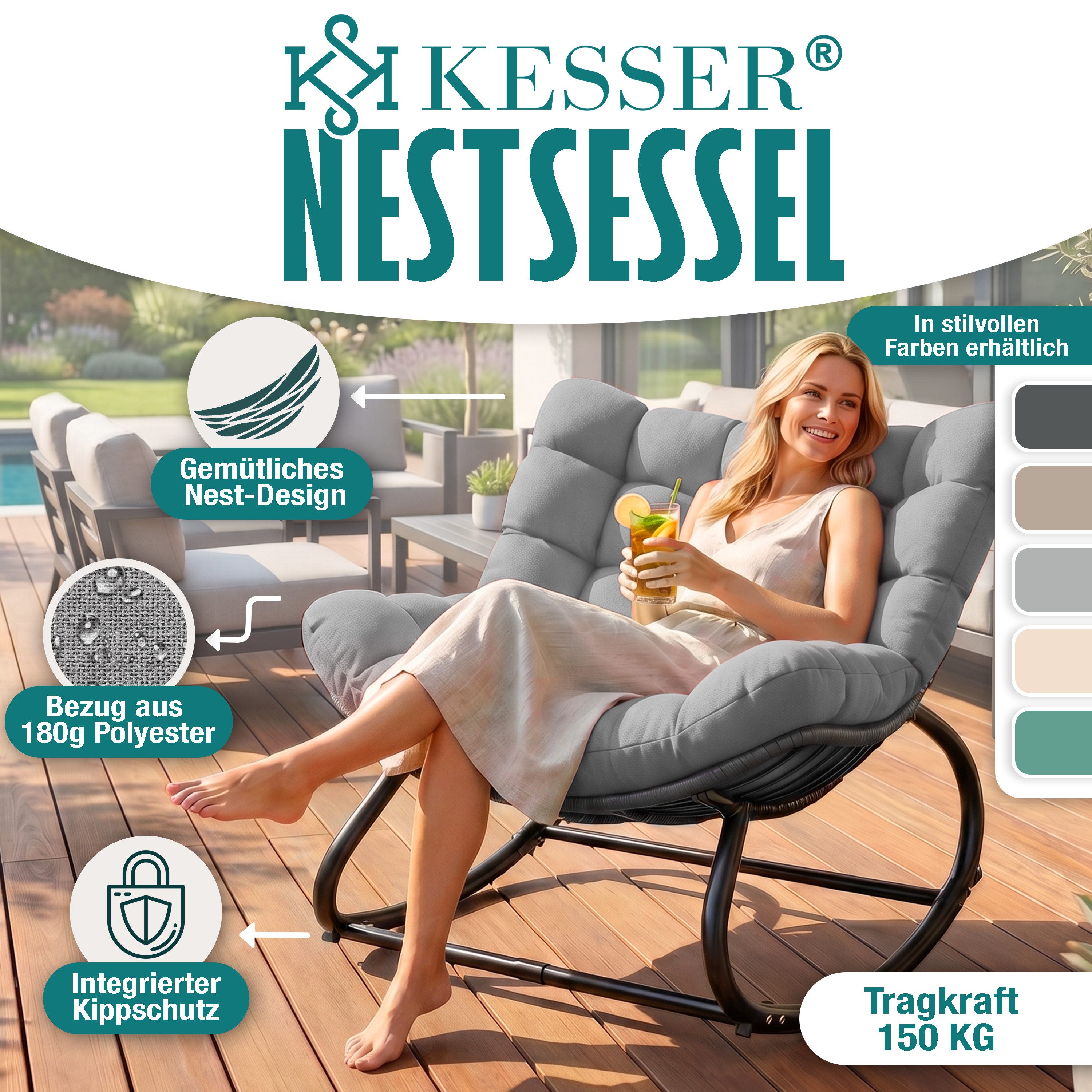 KESSER Schaukelstuhl (maximale Belastung 120kg, witterungsbeständig & mit rutschfesten Füßen), Loungesessel ergonomisches Relaxsessel für Balkon, Garten & Wohnzimmer
