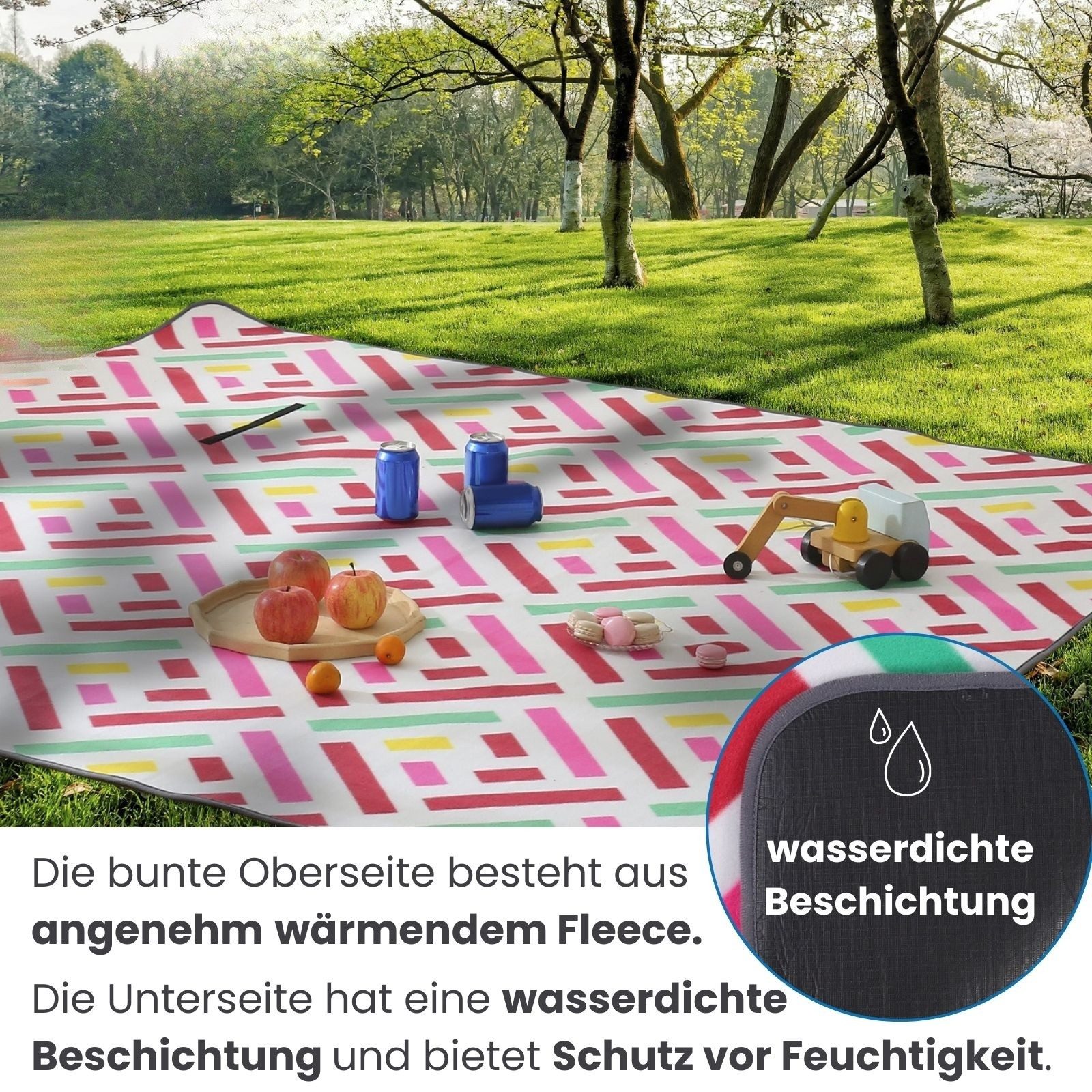 Picknickdecke XXL Picknickdecke ca. 200x200, wometo, Oberseite 100% recyceltes Fleece, wasserdicht – Bild 4 von 5