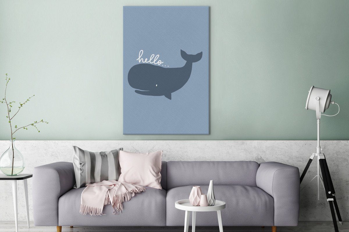 OneMillionCanvasses® Leinwandbild Zitate - Walfisch - Hallo... - Illustration - Kinder, Fotodruck (1 St), Bilder groß Wohnzimmer Schlafzimmer 80x120 cm