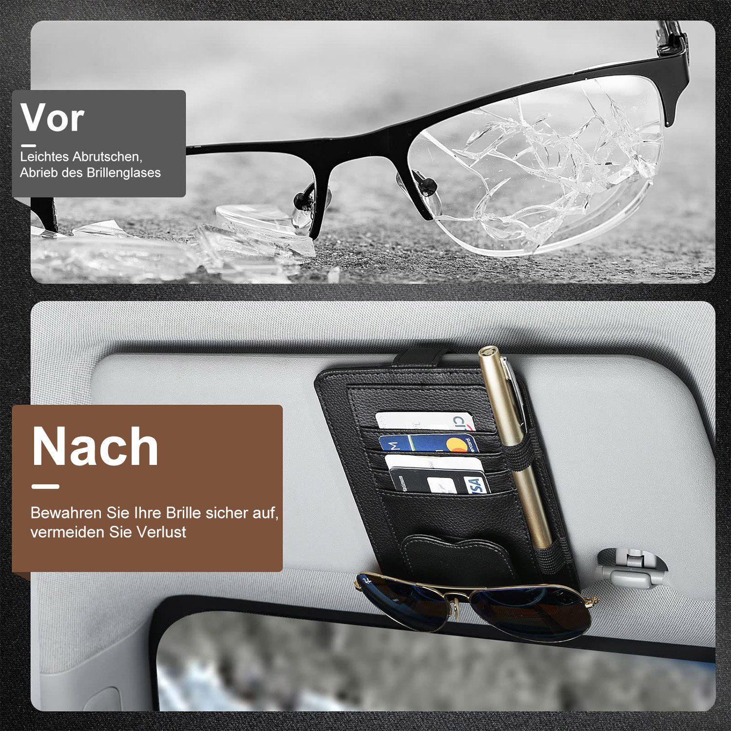 Leder-Brillenhalter für Auto, Universal Sonnenbrille Halter  Sonnenbrillenhalter für Autobrillenhalter Sonnenbrille Aufbewahrung mit  Karten Clip Auto