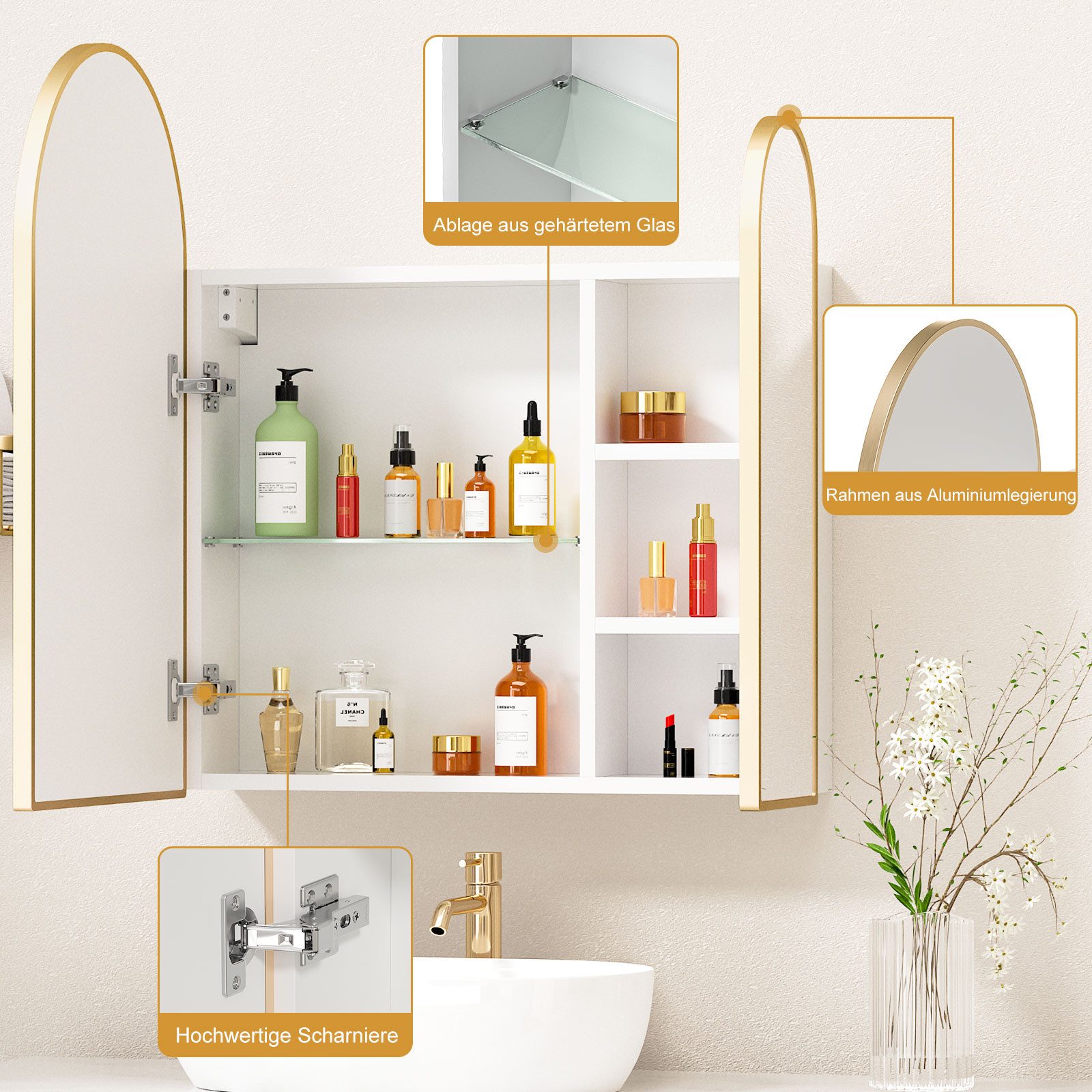 radelldar Badezimmerspiegelschrank Spigelschrank bogen mit 3 Ablagen und 2 Tür, 61x12x70cm Badschrank mit 2 Spiegel Arched