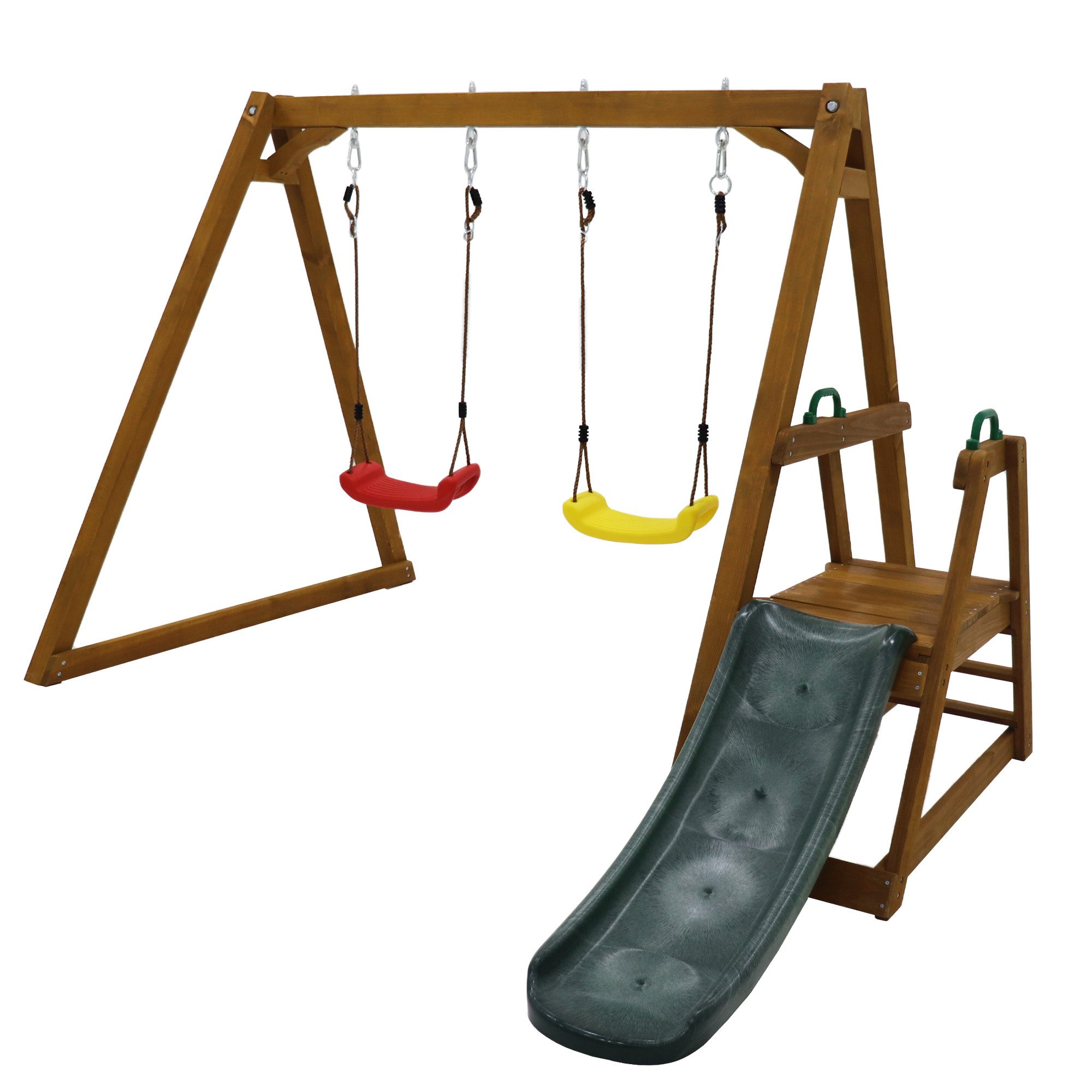 HT Doppelschaukel Outdoor Kinderschaukel mit Rutsche und Kletterleiter, (2 Schaukelsitzen und 1 Rutsche), Schaukelgerüst Schaukelgestell aus Massivholz,238.5x240x168.9cm