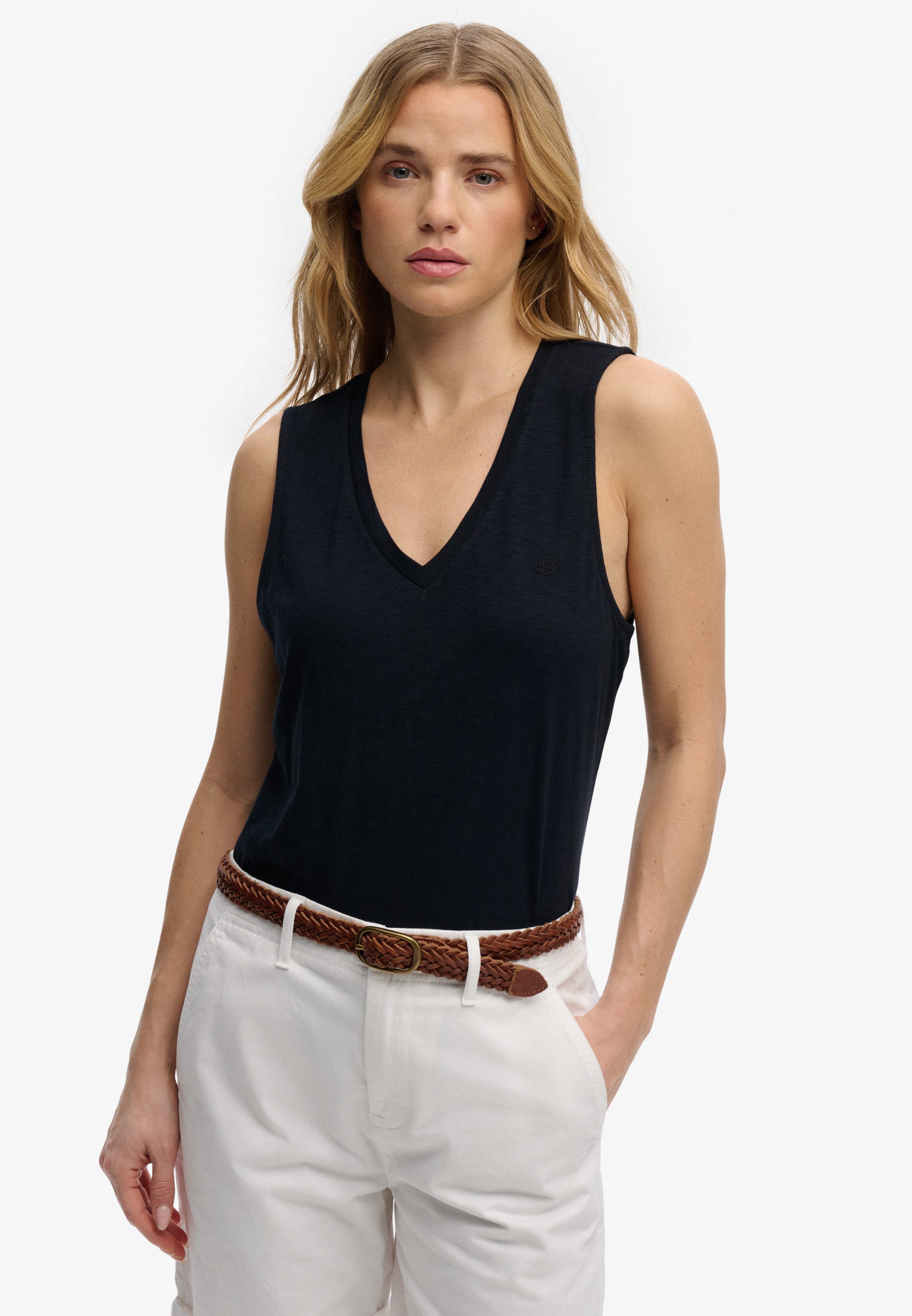 Superdry Tanktop STUDIOS VEE NECK VEST aus Baumwollmischung mit Lyocell, Regular Fit, ärmellos