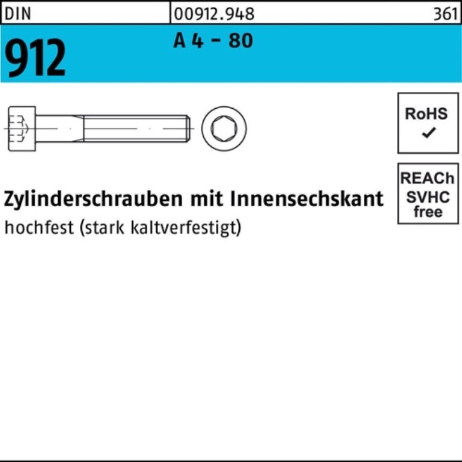 Reyher Zylinderschraube 100er Pack Zylinderschraube DIN 912 Innen-6kt M12x 20 A 4 - 80 100 St
