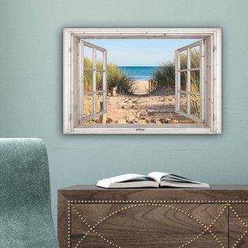 OneMillionCanvasses® Leinwandbild Durchblick - Strand - Meer - Dünen - Sand - Wasser - Hochgras, (1 St), Wandbild Leinwandbilder, Aufhängefertig, Wanddeko, 30x20 cm