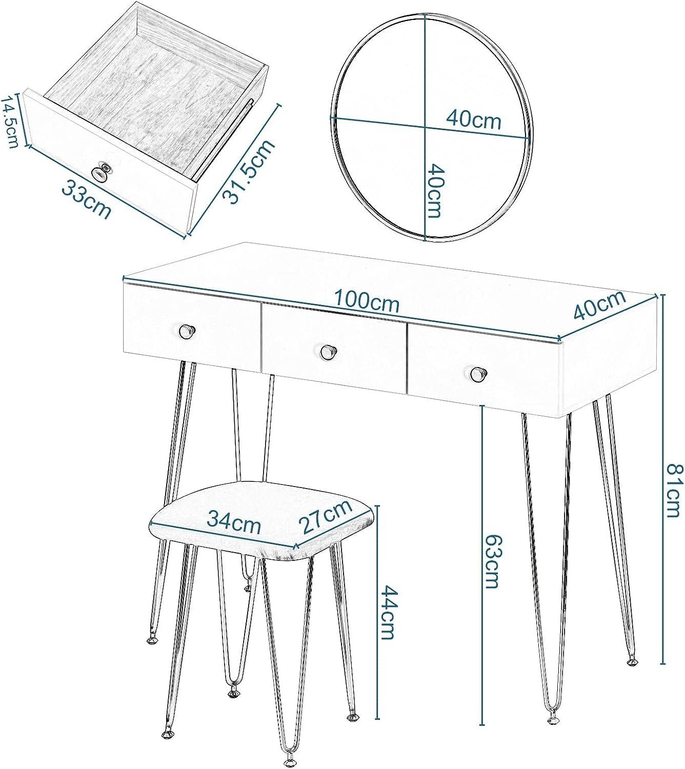 EUGAD Schminktisch (1-St), aus MDF 100x40x81cm, Schubladen, Weiß-Golden 3