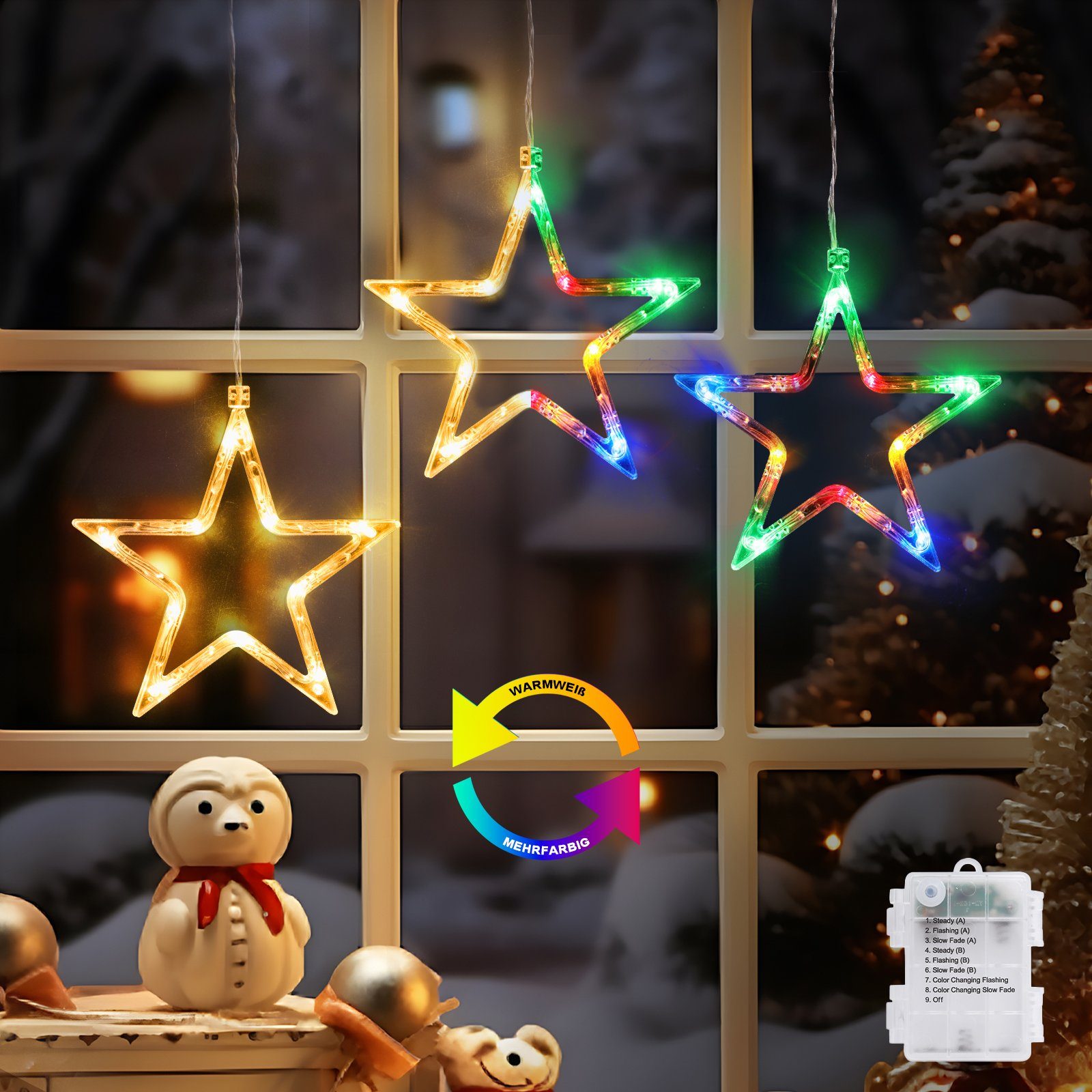 Elegear LED-Lichtervorhang 160/188cm Lichterkette für fenster Weihnachtsdeko,  mit 3/5 Sterne, 36-flammig, Warmweiß&Bunt Wechselbar LED stern