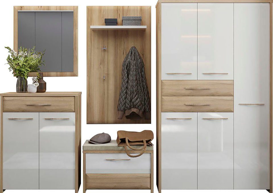 Home affaire Шкафы-Set Gala, (Set, 5-St., Шкафыschrank,Schuhschrank,Schuhbank,Garderobenpaneel,Wandspiegel), Soft-Close Funktion, Hochglanz UV lackiert