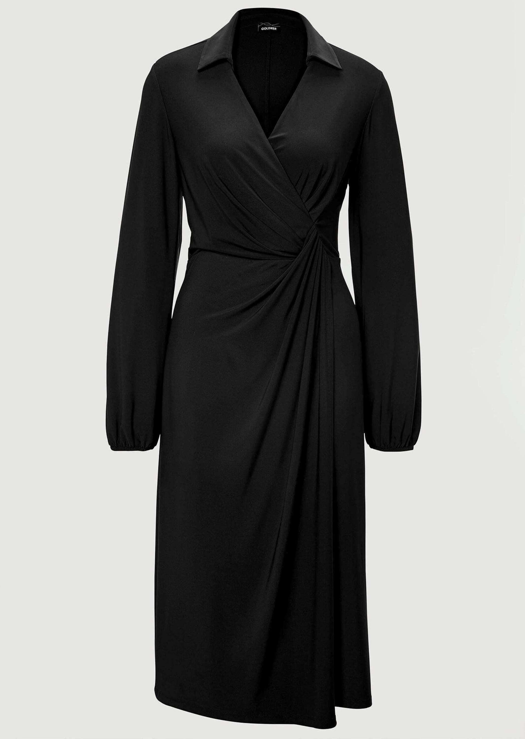 GOLDNER Jerseykleid Kurzgröße: Elegantes Jerseykleid mit V-Ausschnitt Stretchkleid mit Hemdkragen, Ballonärmel, Gummibündchen und Langarm