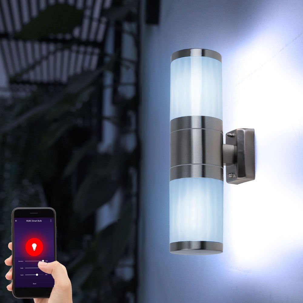 GLOBO LIGHTING LED Wandstrahler, Leuchtmittel inklusive, Kaltweiß, Warmweiß, Neutralweiß, Tageslichtweiß, Farbwechsel, Außen Wand Leuchte Up Down Edelstahl steuerbar per Handy App im Set