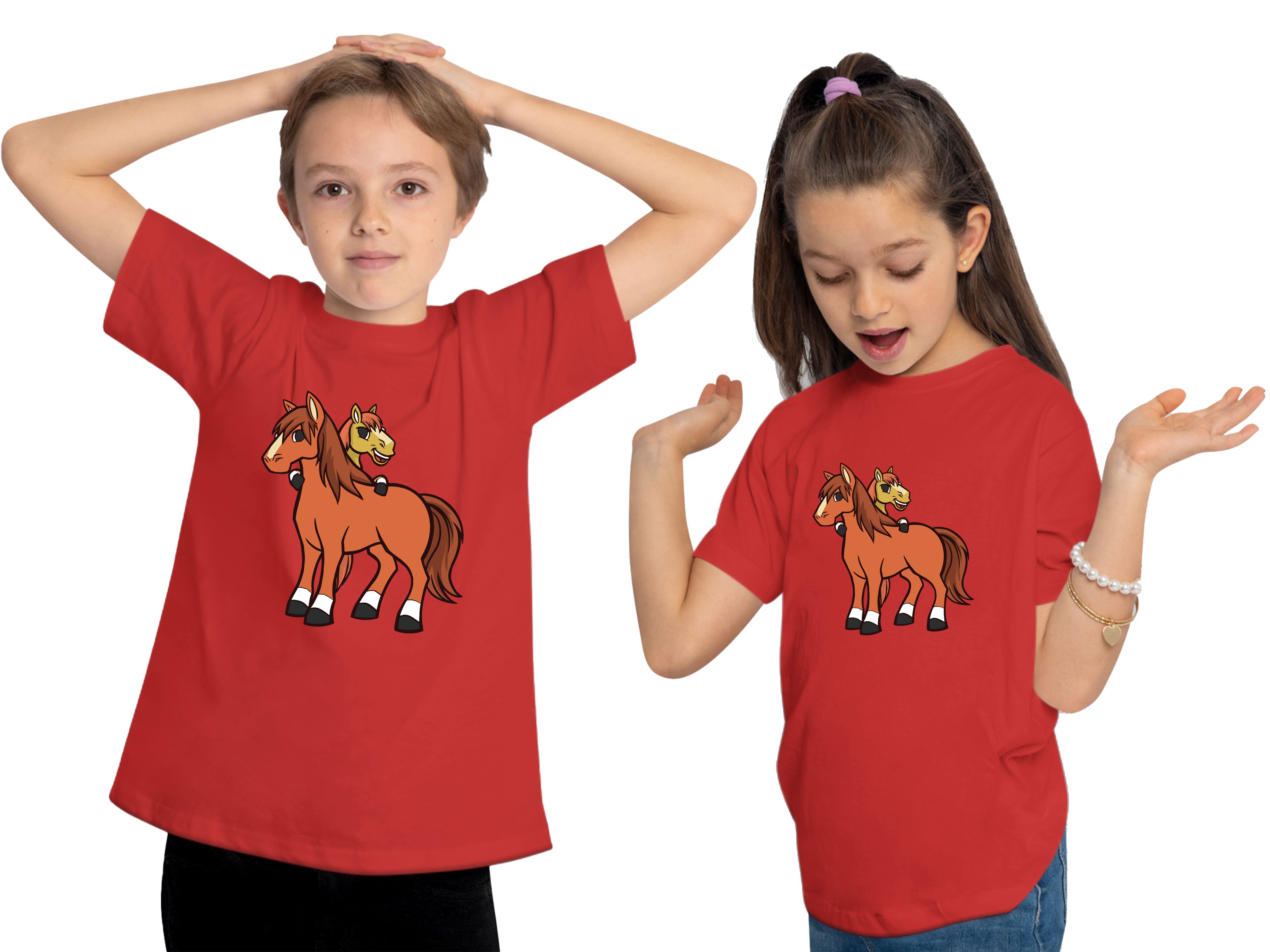 MyDesign24 T-Shirt Kinder Shirt Pferde cartoon - Pferde 2 Aufdruck, rot mit Print Baumwollshirt bedruckt i251