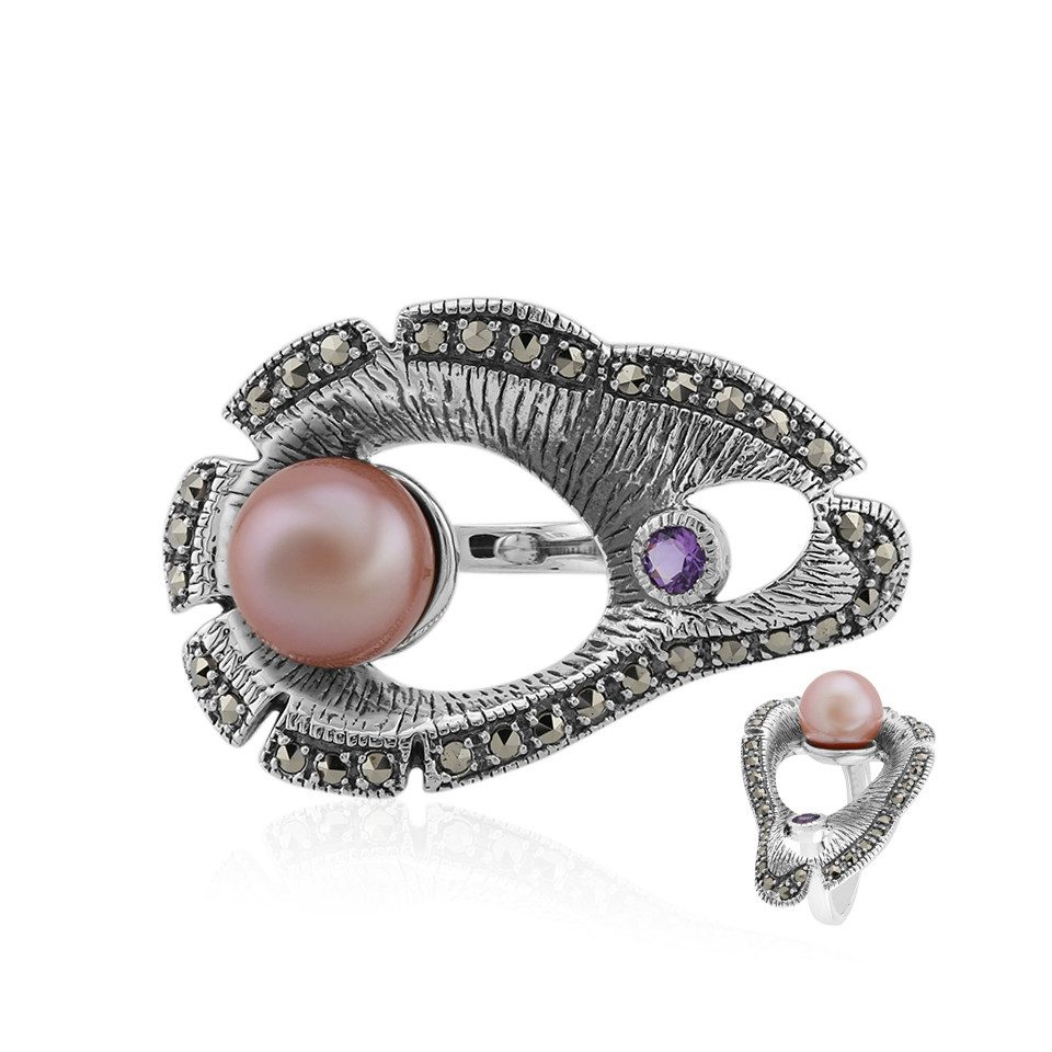 Cavill Perlenring Chinesischer Ming Perlen & Amethyst Silber Ring, Markasit Akzente (1-tlg)