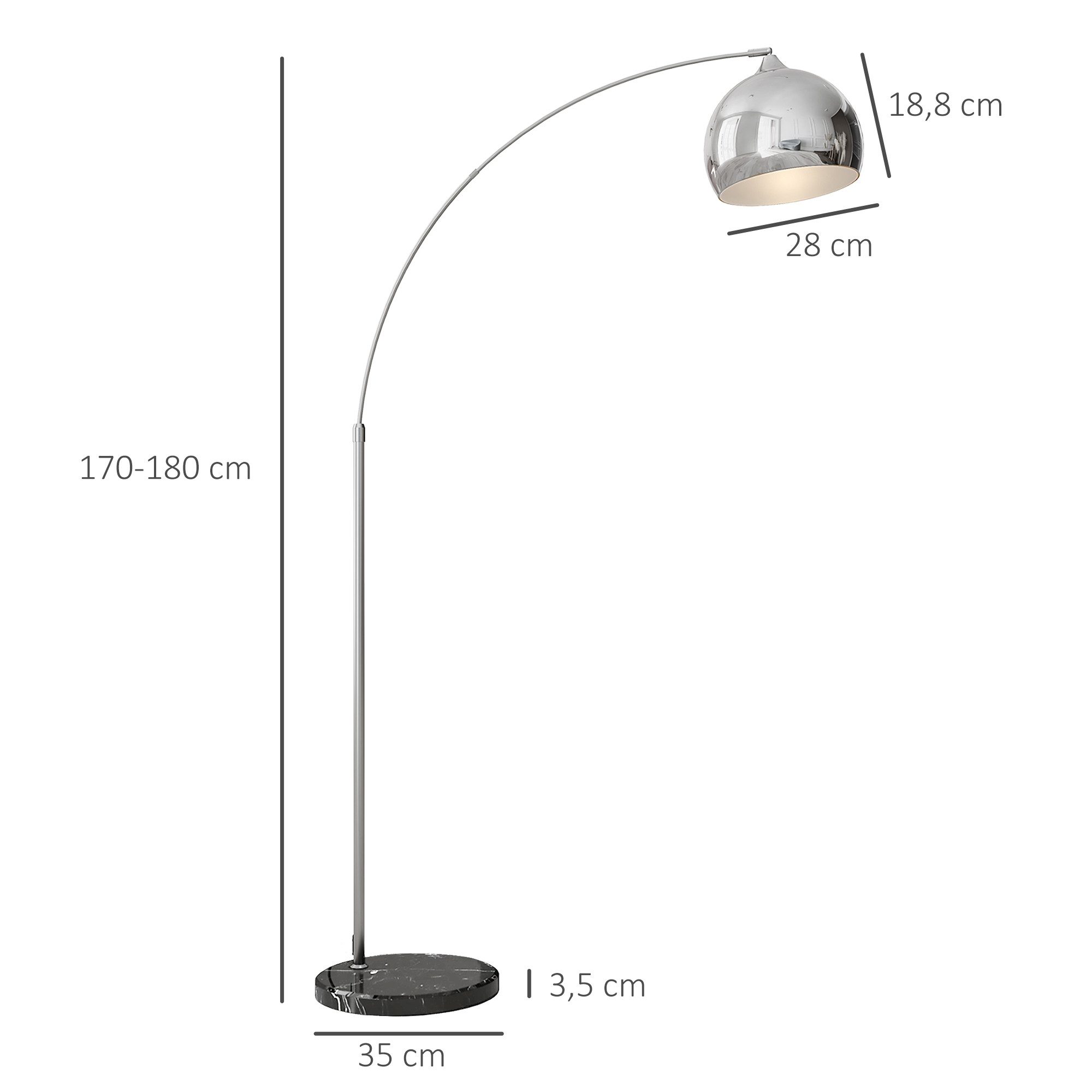HOMCOM Stehlampe Stehleuchte höhenverstellbar, schwenkbar Bogenlampe, Ein-,Ausschalter, ohne Leuchtmittel, klassische, höhenverstellbare Standlampe – Bild 3 von 5