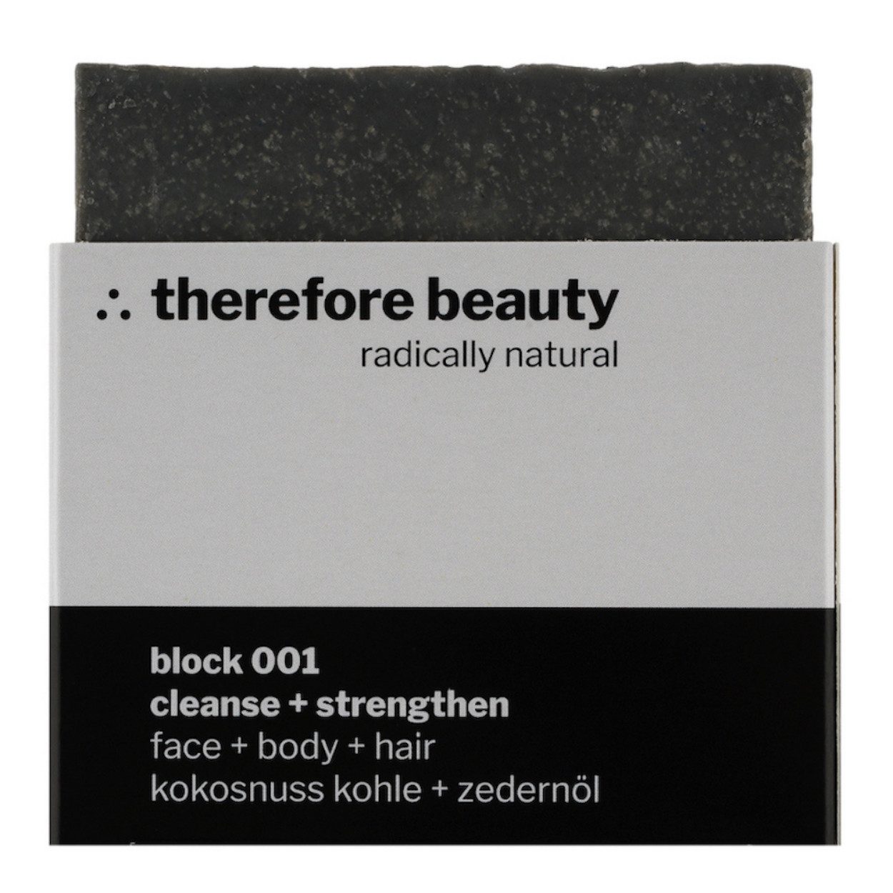 therefore beauty block 001 klärende Aktivkohle-Seife für Haut & Haar 100g, 1-tlg., 3-in1-Seife (Gesicht/Körper/Haar)