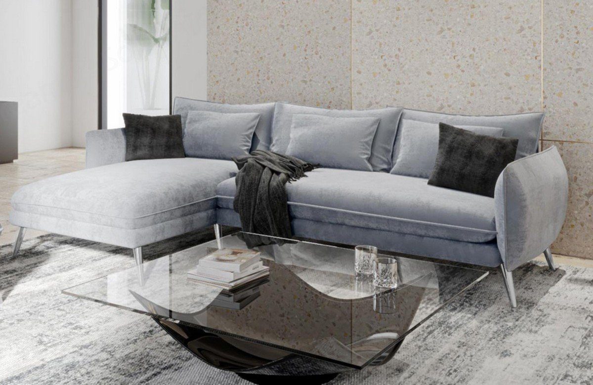 Sofa Dreams Ecksofa Samt Stoff Polster Sofa Fuerteventura L Form kurz Stoffsofa, Loungesofa hellgrau84-silber