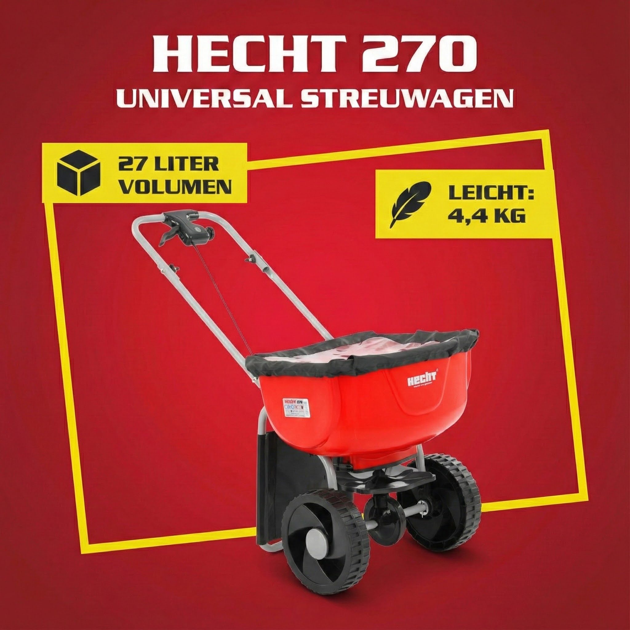 Hecht Streuwagen mit Abdeckhaube, Spritzschutz 27 Liter Schleuderstreu System, 27 l Füllmenge, Stufenlose Mengenkontrolle 1-10, Metallgestell