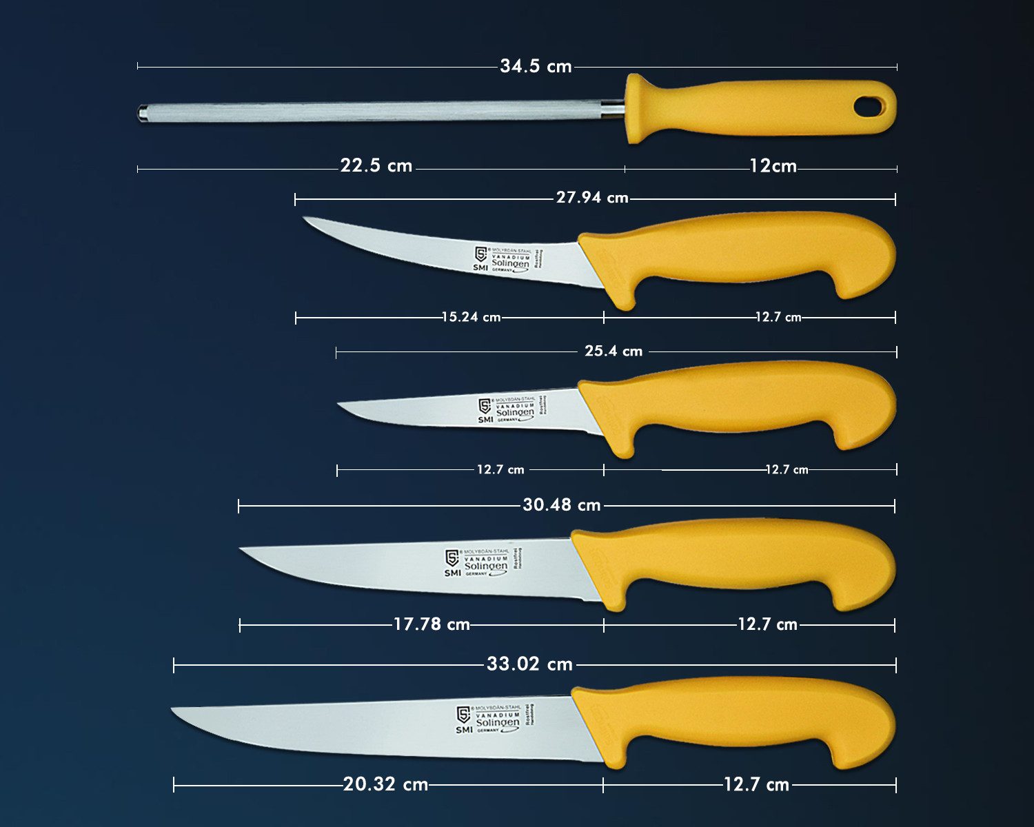 SMI Messer-Set Metzgermesser Set Solingen Fleischmesser Wetzstahl Ausbeinmesser (5-tlg), 5-tlg