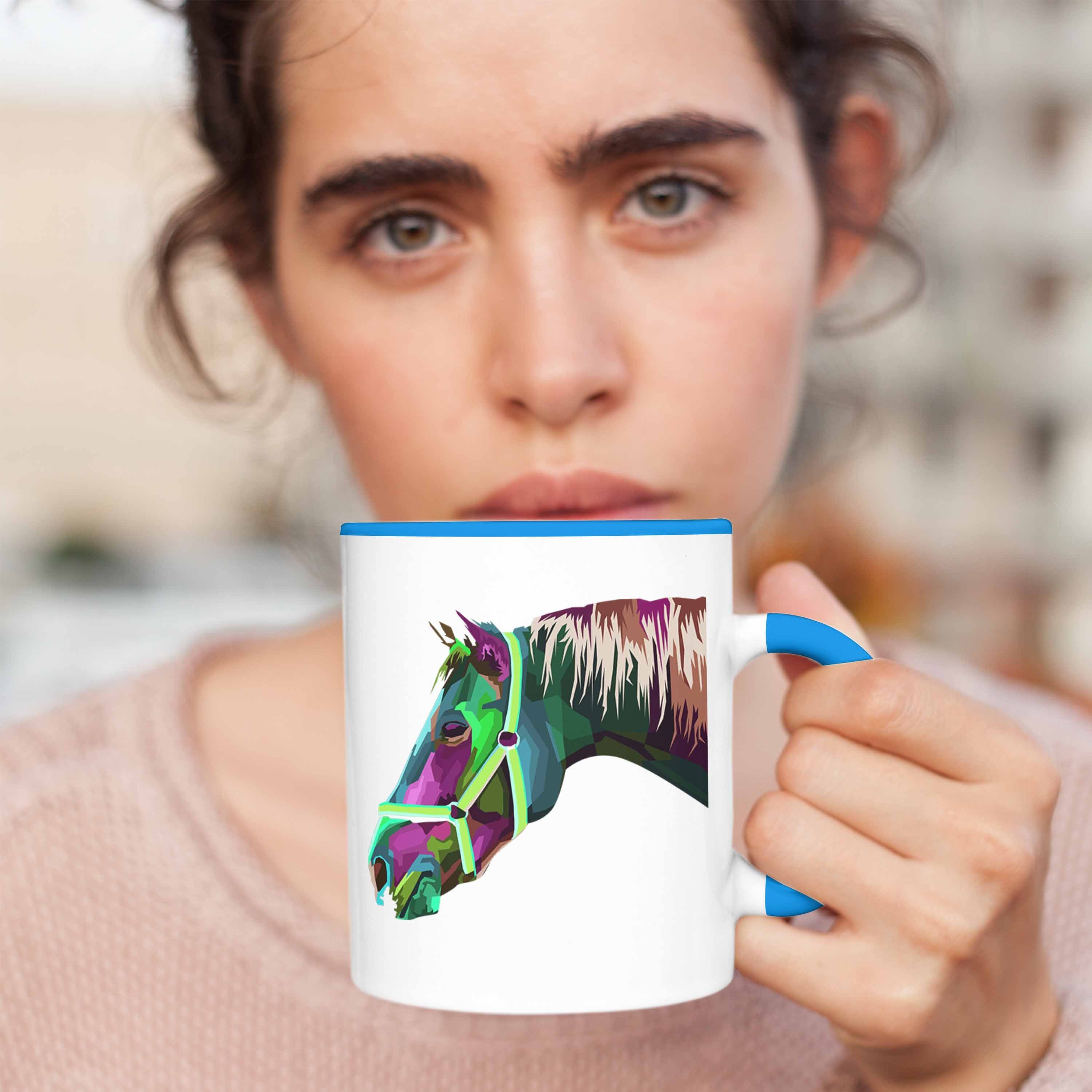 Trendation Reiter Reiten Geschenk Polygon Tasse Tasse - Blau Trendation Bunt Reiterin Pferde