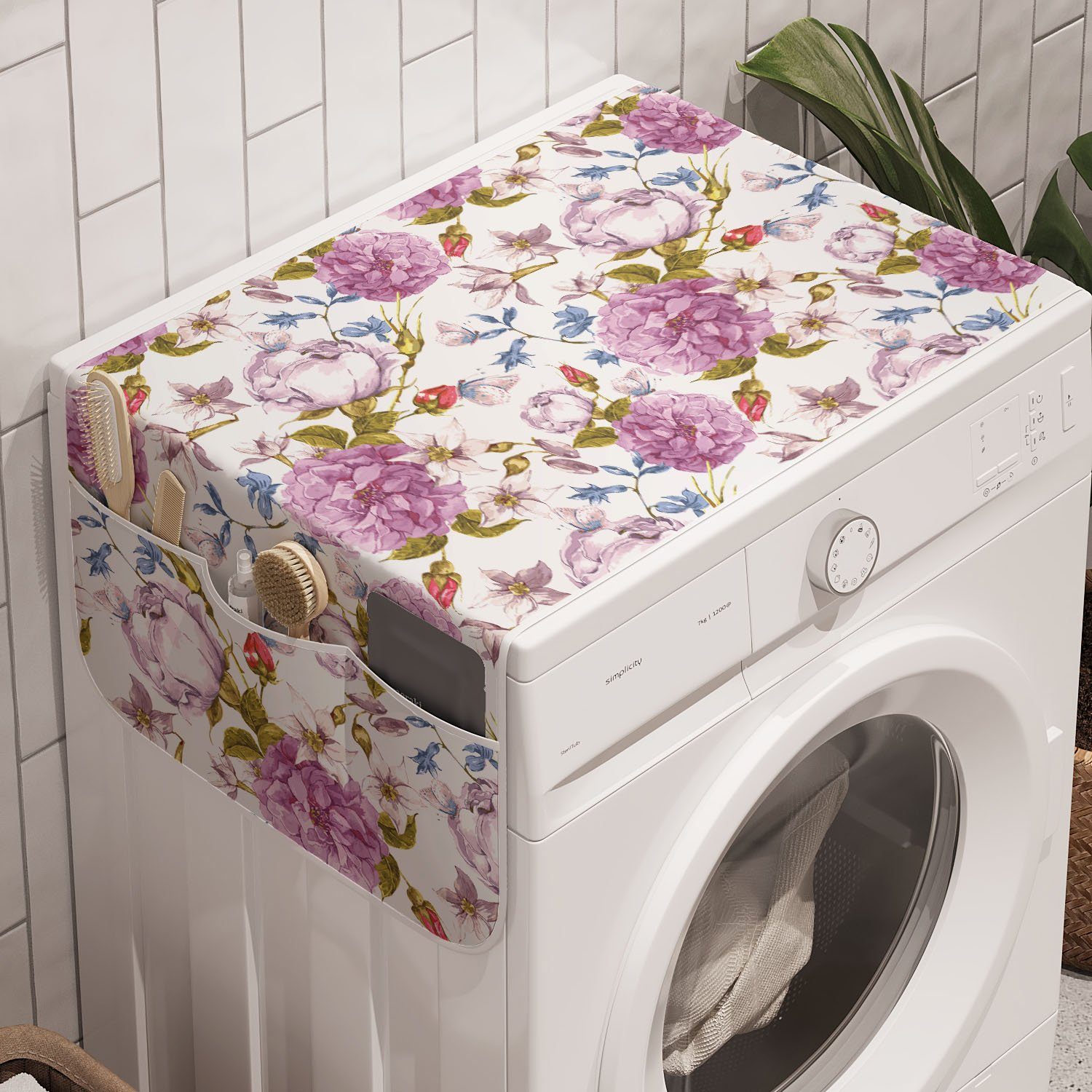 Abakuhaus Badorganizer Anti-Rutsch-Stoffabdeckung für Waschmaschine und Trockner, Blume Retro Natur in Pastelltönen