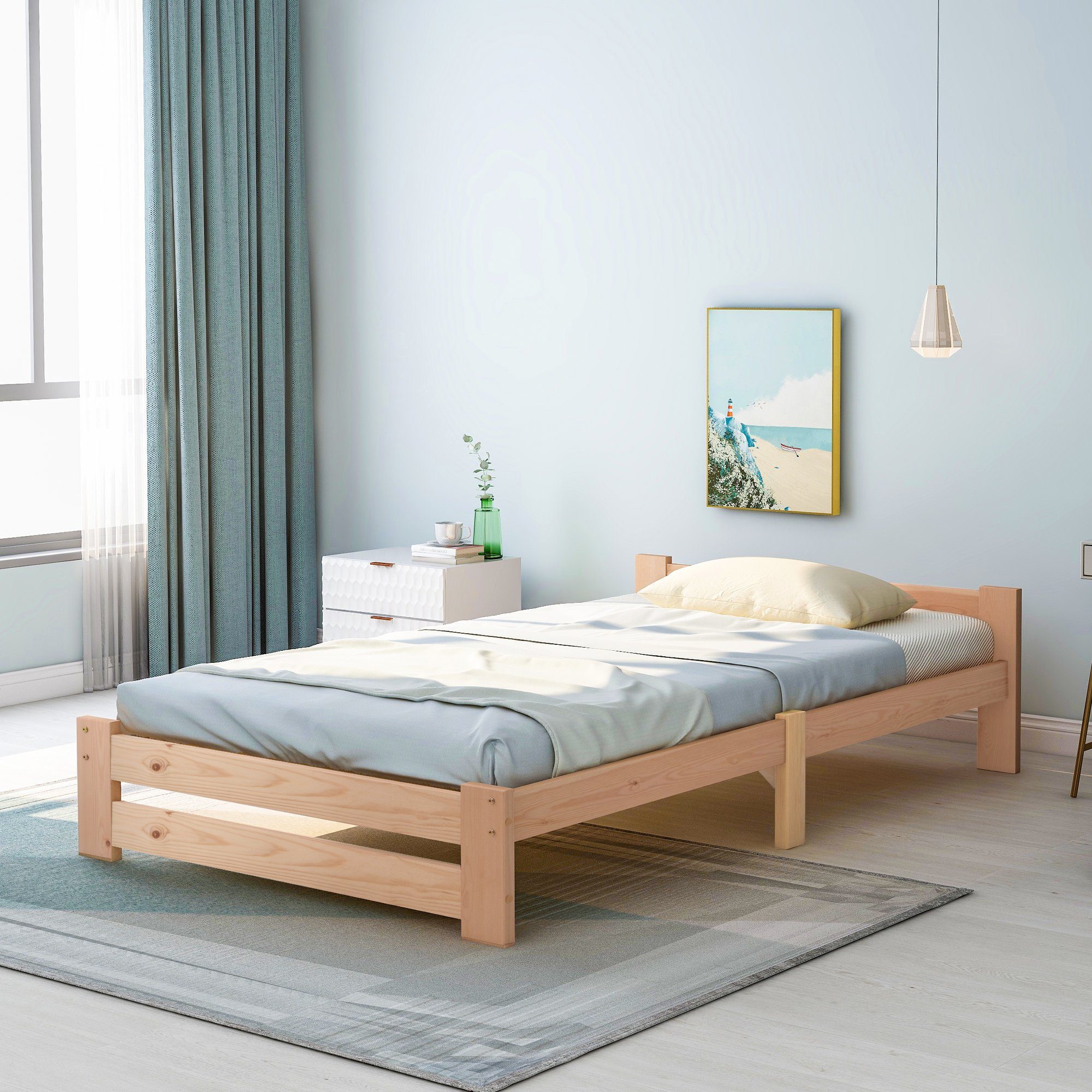 Merax Massivholzbett mit Kopfteil und Lattenrost, Doppelbett 140x200 cm, Funtonbett aus Holz mit Lattenrost – Bild 4 von 5