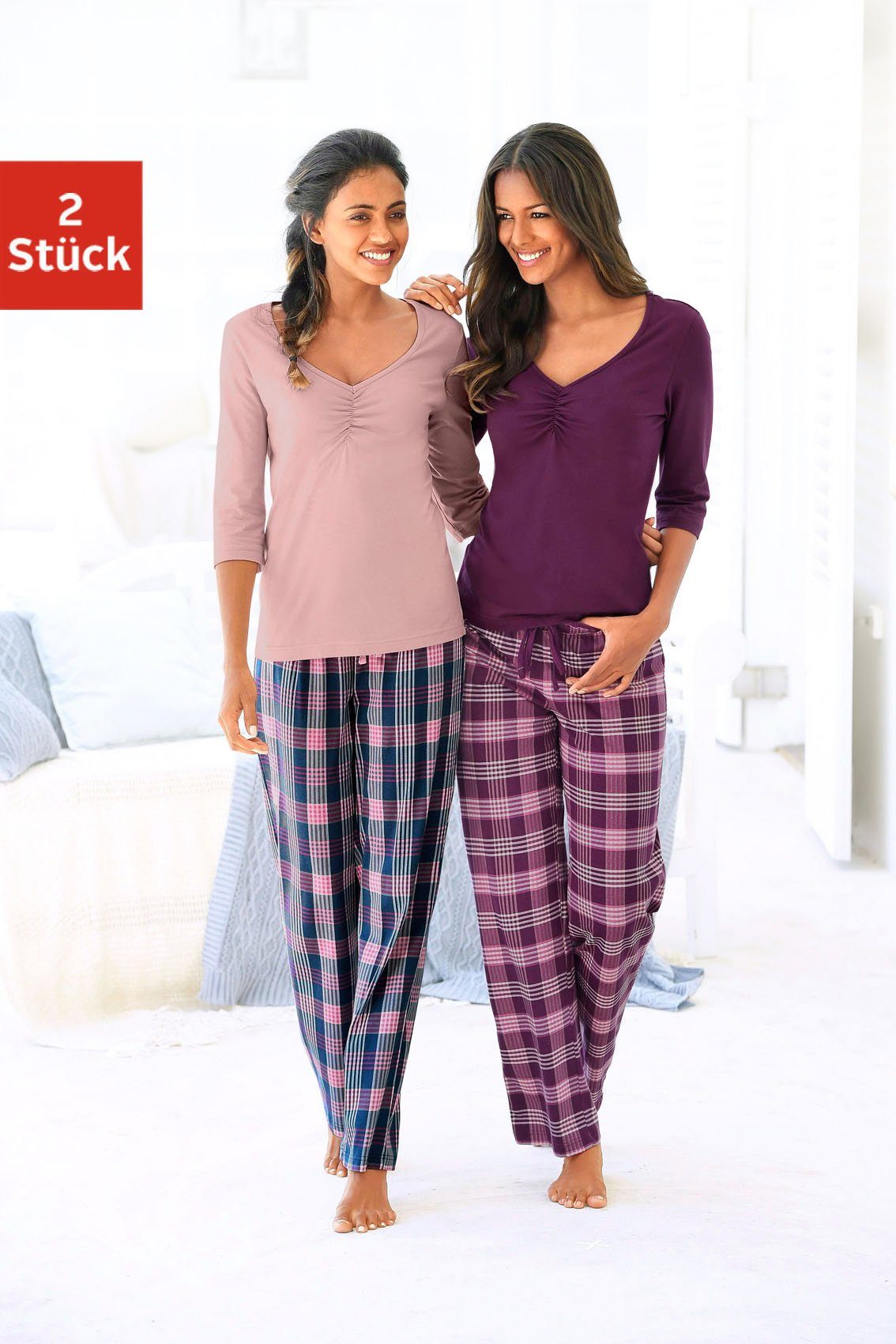 2 Stück) Pyjama mit Hose (4 tlg., karierter petite fleur