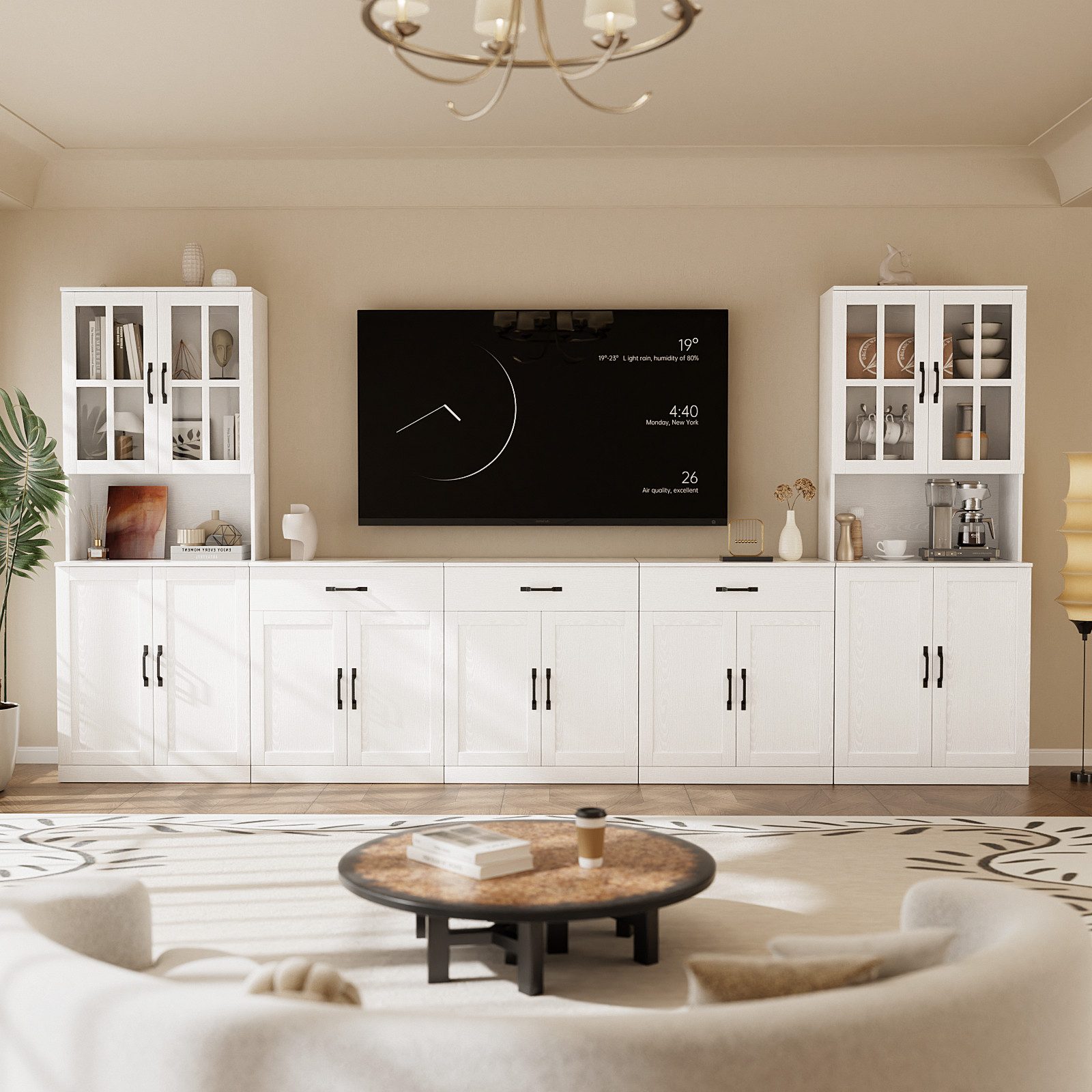 VOWNER TV-Schrank modularer Wohnwand-Set mit Glastüren und Bücherregalen (5-St) Sideboard, passend für Fernseher bis 50 Zoll, 300x180x40 cm