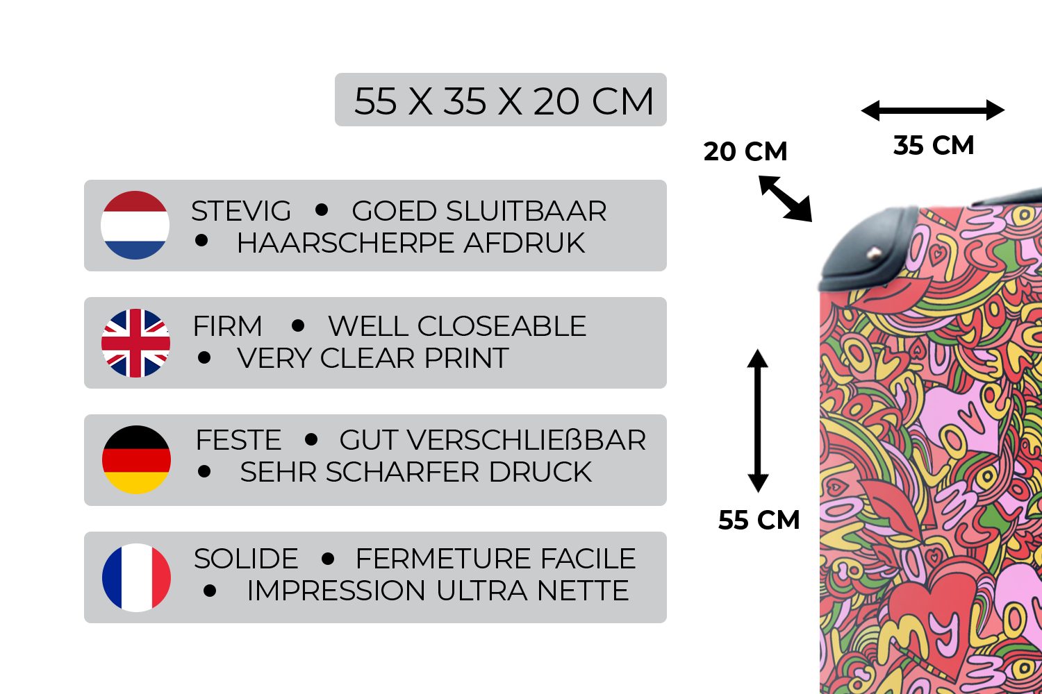 Ferien, 4 - Design Valentinstag, mit Handgepäck Handgepäckkoffer - für Reisetasche Herz Rollen, Reisekoffer rollen, Trolley, MuchoWow