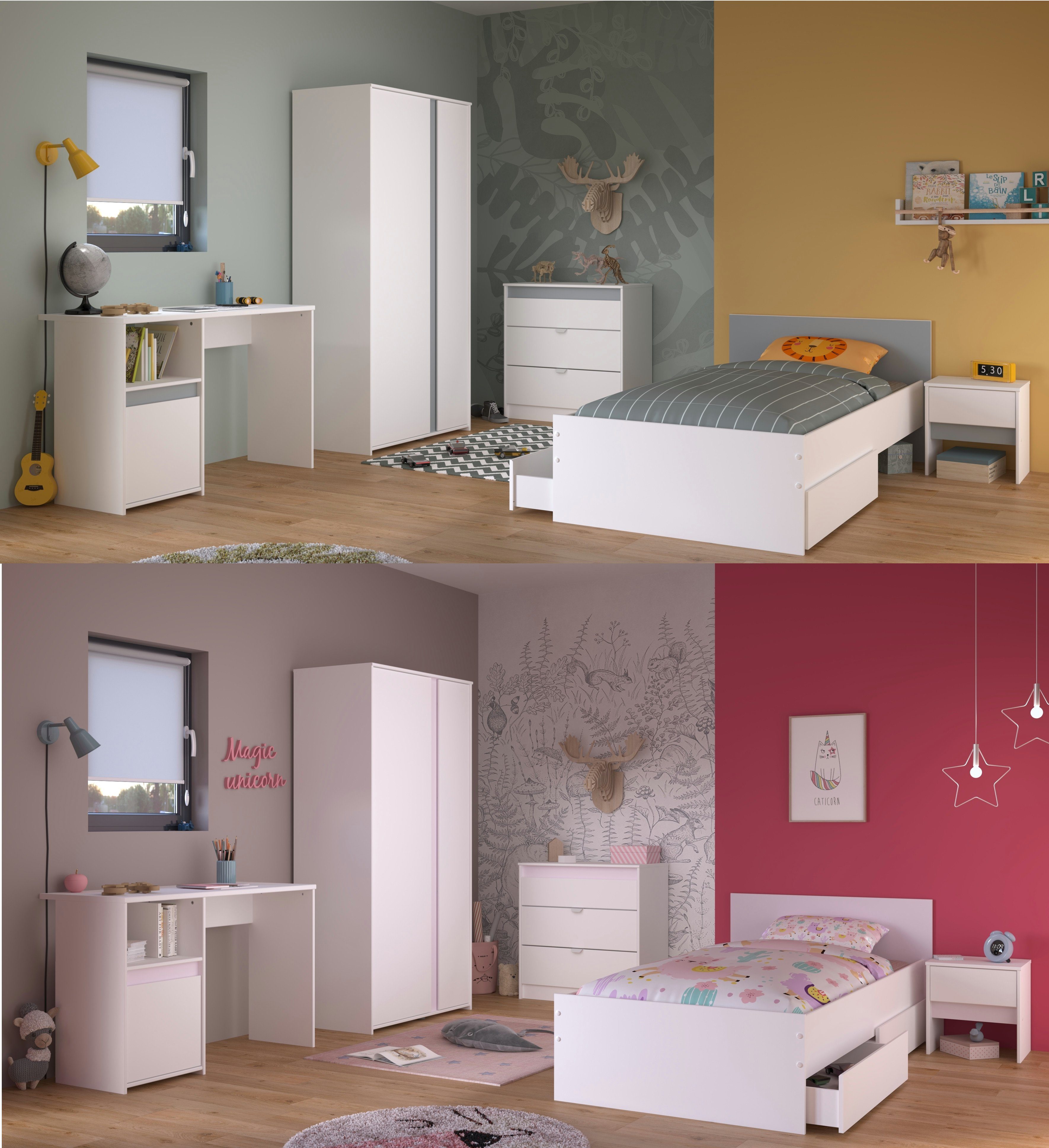 Parisot Jugendzimmer-Set Pirouette in Weiß und Rosa / Kieselgrau, (Komplett Set, 6-tlg., in verschiedenen Zusammenstellungen wählbar), Farbige Einsätze drehbar Rosa / Grau