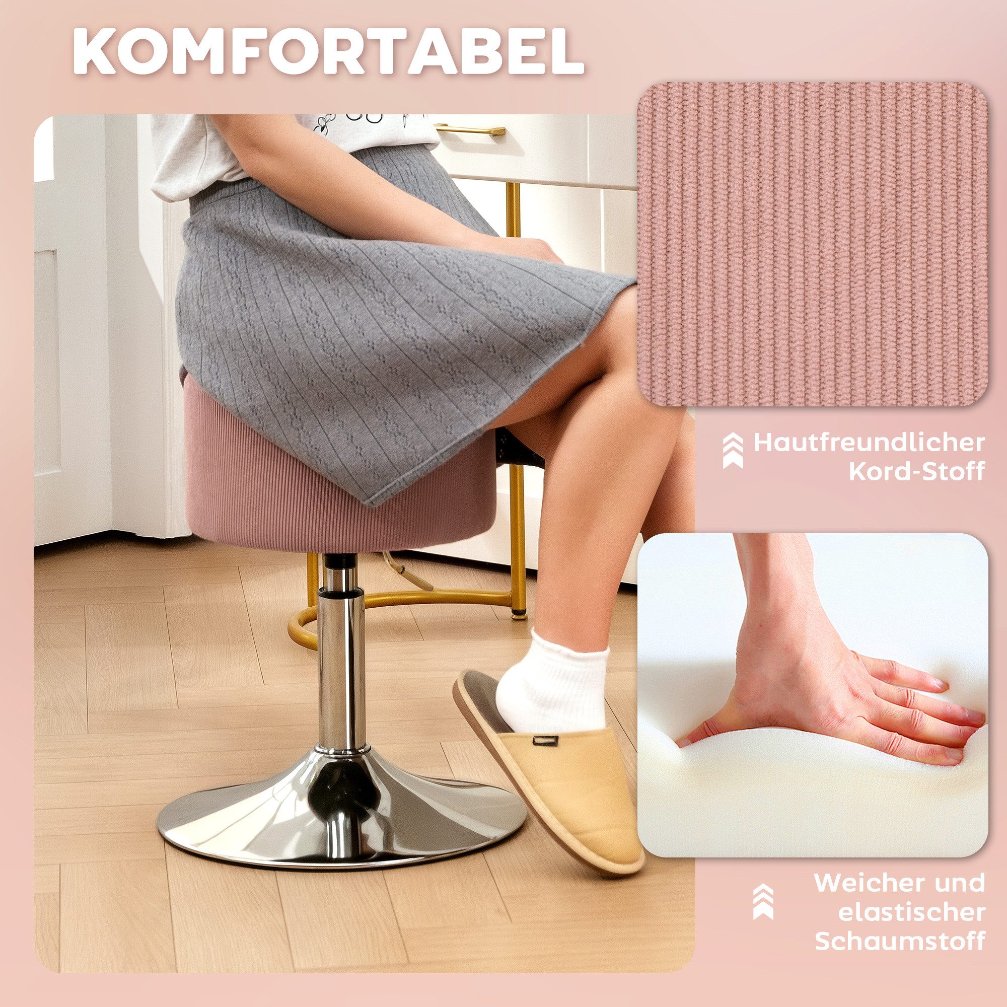 HOMCOM Barhocker mit Metallgestell, Cordoptik, Fußstütze (höhenverstellbar Küchenstuhl, 1 St., gepolstert 360° drehbar Barstuhl), für Küche, Wohnzimmer, Esszimmer Rosa