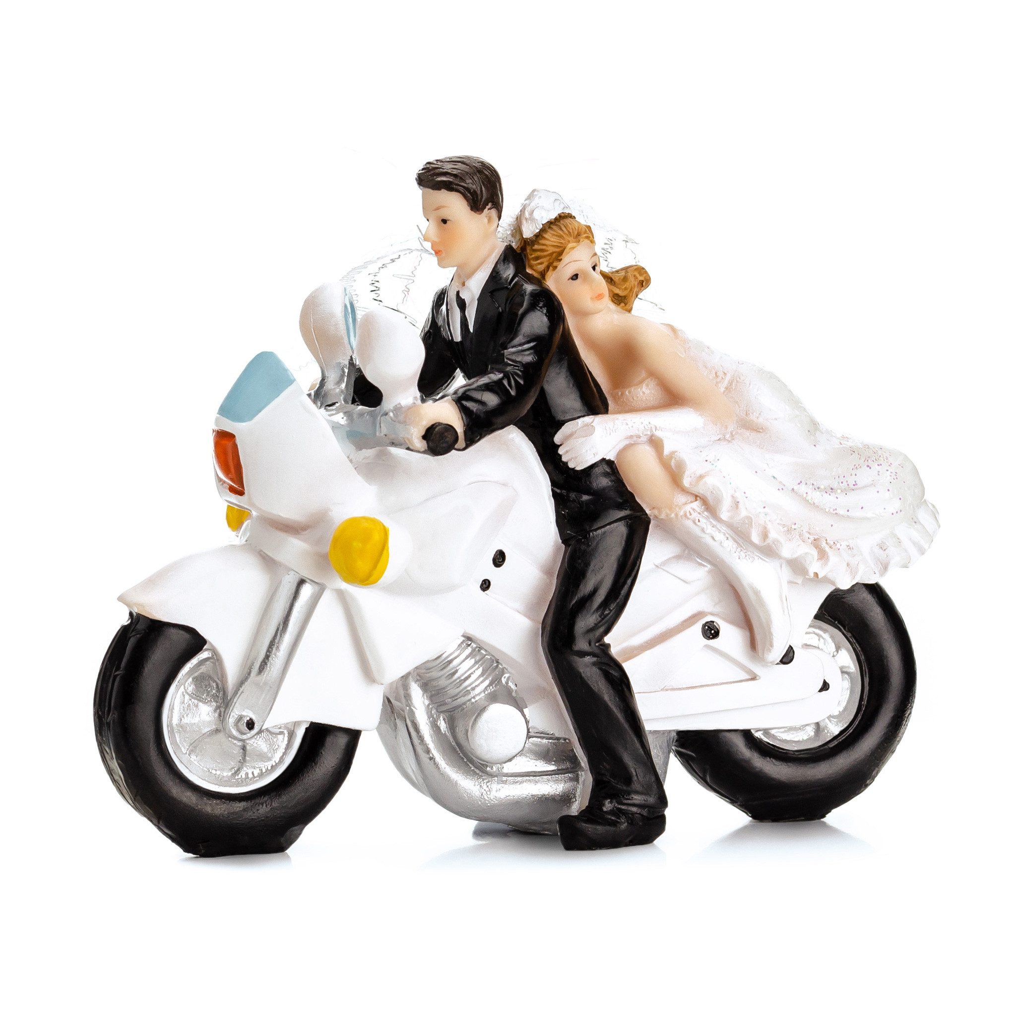 partydeco Tortenstecker, Tortenfigur Hochzeit 11,5cm Brautpaar auf Motorrad Weiß / Schwarz