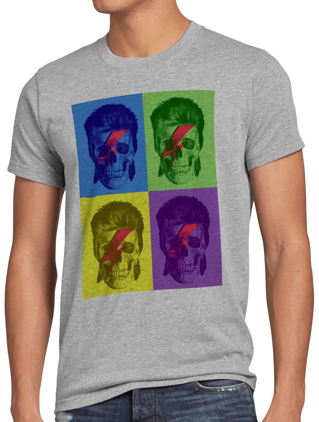 style3 Print-Shirt Herren T-Shirt Bowie Skull turntable retro pop-art warhol grau meliert