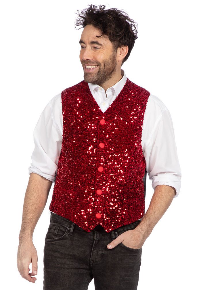 Karneval-Klamotten Kostüm Pailletten Weste Herren rot hochwertig luxus, Party Outfit Männer glitzer Fasching Silvester Karneval Prunksitzung