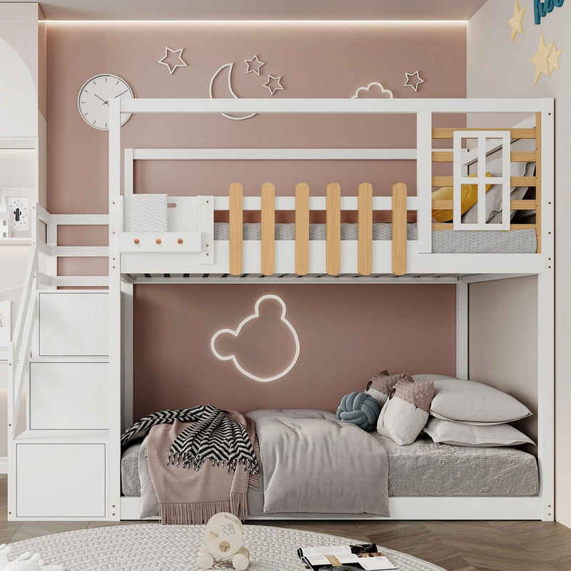 OKWISH Etagenbett Etagenbett mit Treppe, Kinderbett, Gästebett, Bett (mit Treppe, Fenster und Regalkasten, 3 Schließfächer in der Treppe, mit Fallschutzgitter), Rahmen aus massivem Kiefernholz, Ohne Matratze