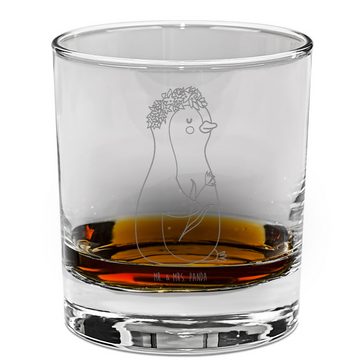 Mr. & Mrs. Panda Whiskyglas Pinguin Blumen - Transparent - Geschenk, Blumenliebe, Whiskey Glas, W, Premium Glas, Lasergravur Design