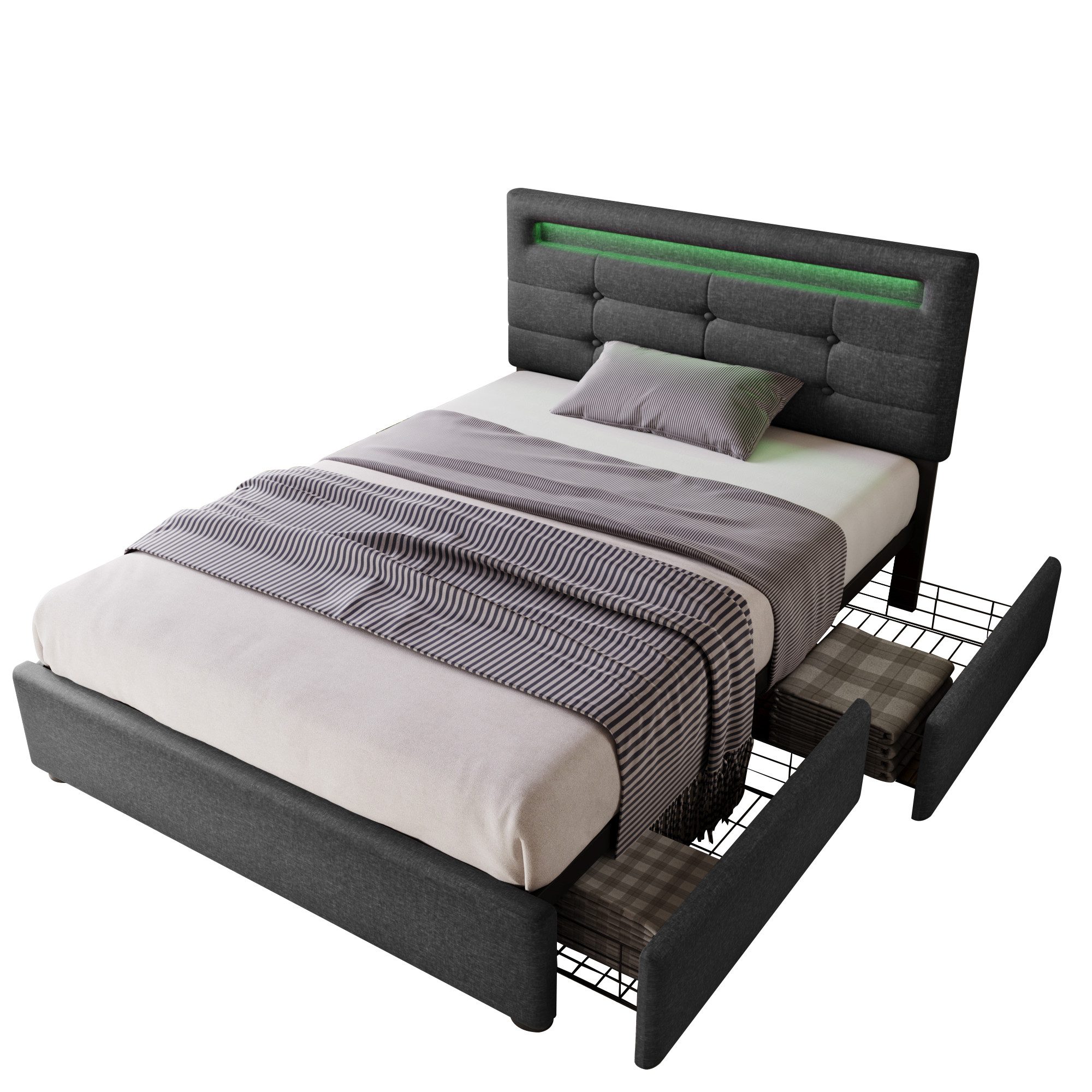 OKWISH Polsterbett (90x200cm(Ohne Matratze), 1-tlg., Bettgestell mit LED-Beleuchtung und 2 Schubladen), Höhenverstellbarem Kopfteil, Lattenrost aus Holz
