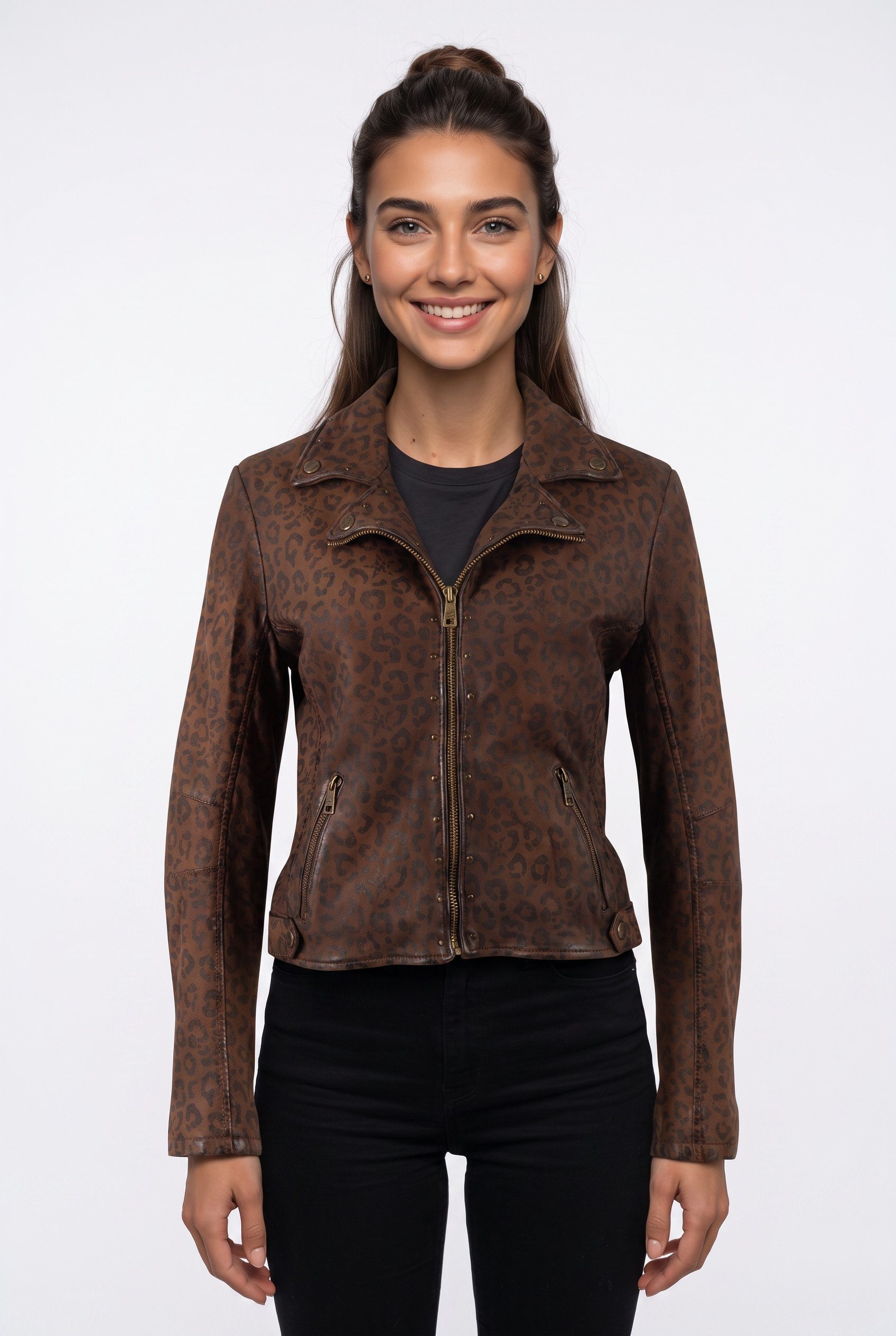 Mauritius Lederjacke MWNyxa mit dekorativem Nietenbesatz, Leo-Print