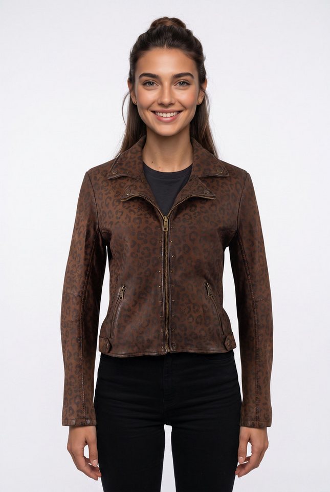 Mauritius Lederjacke MWNyxa mit dekorativem Nietenbesatz, Leo-Print